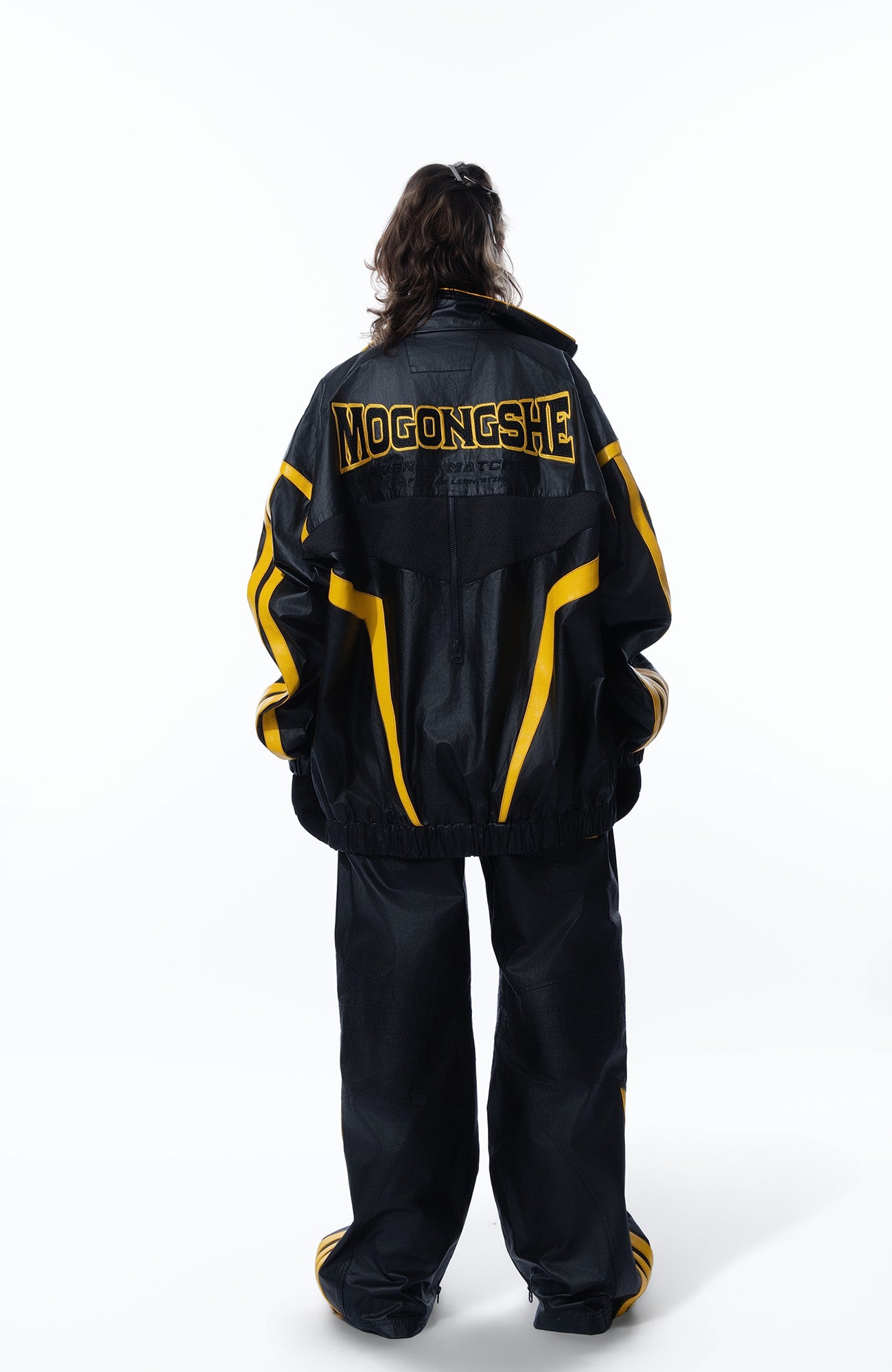 MOGONGSHE Contrast Stripe PU Wide-Leg Pants