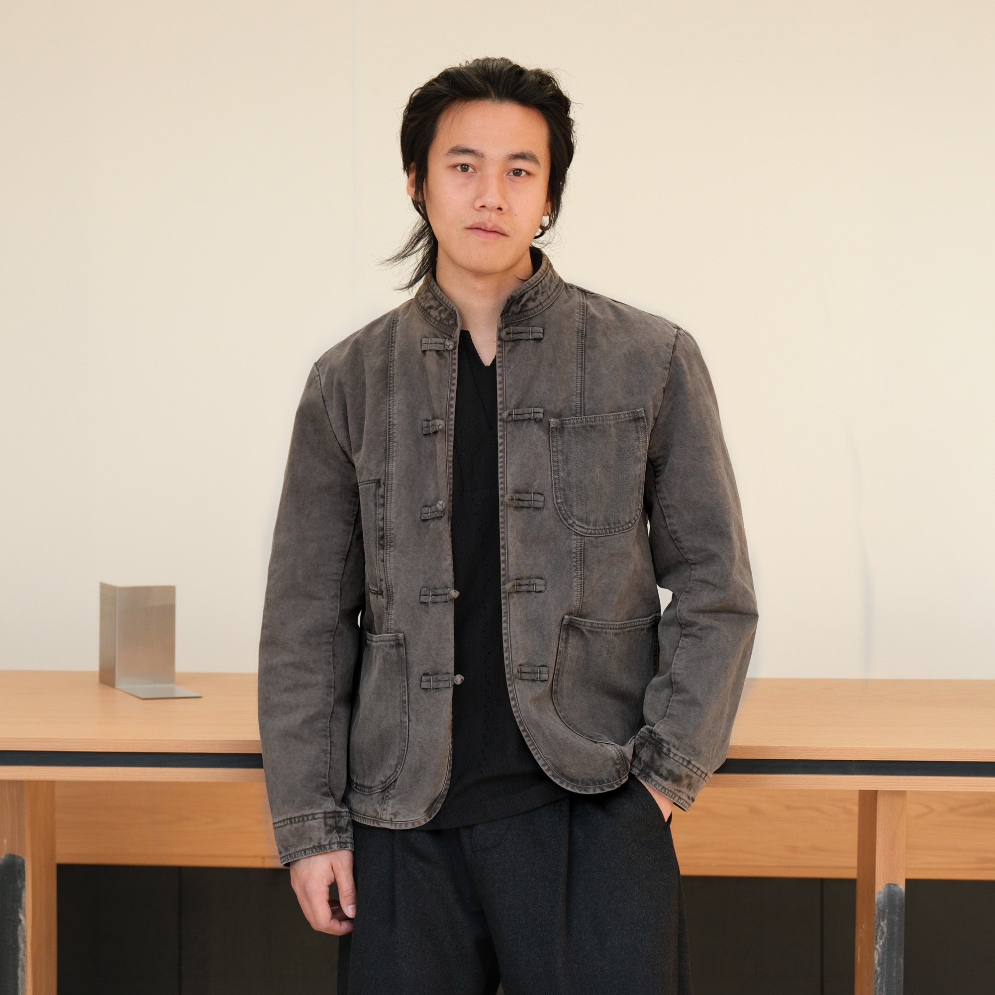 NEIGBORL Washed Frog-Closure Stand-Collar Jacket, premium urban and streetwear designers apparel on PROJECTISR.com, NEIGBORL
