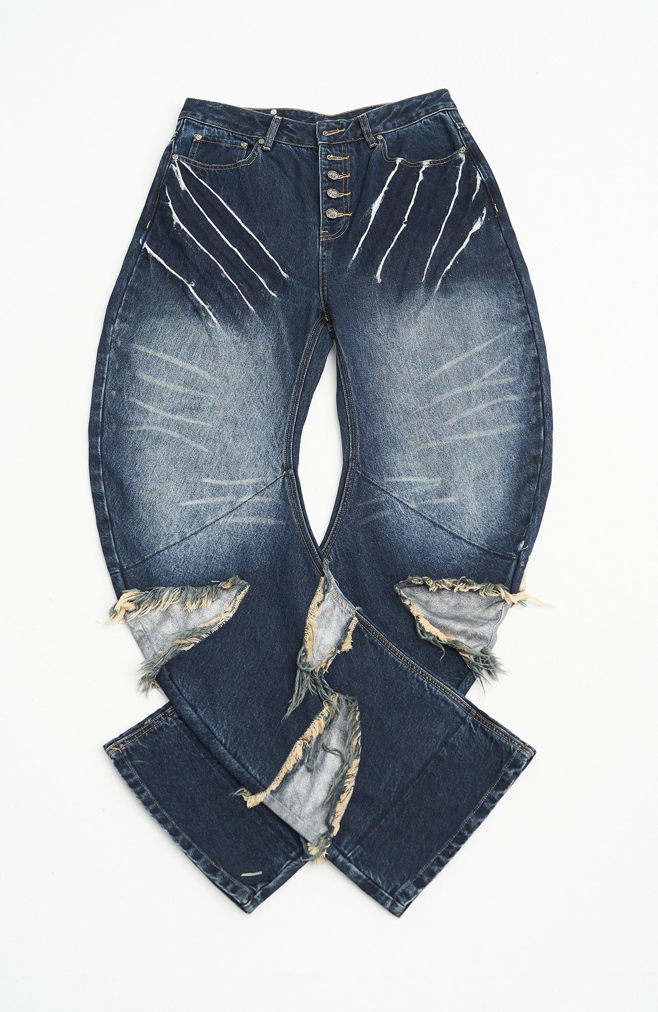 SEXXDEVIL Distressed Claw-Scratch Spliced Washed Curved Jeans