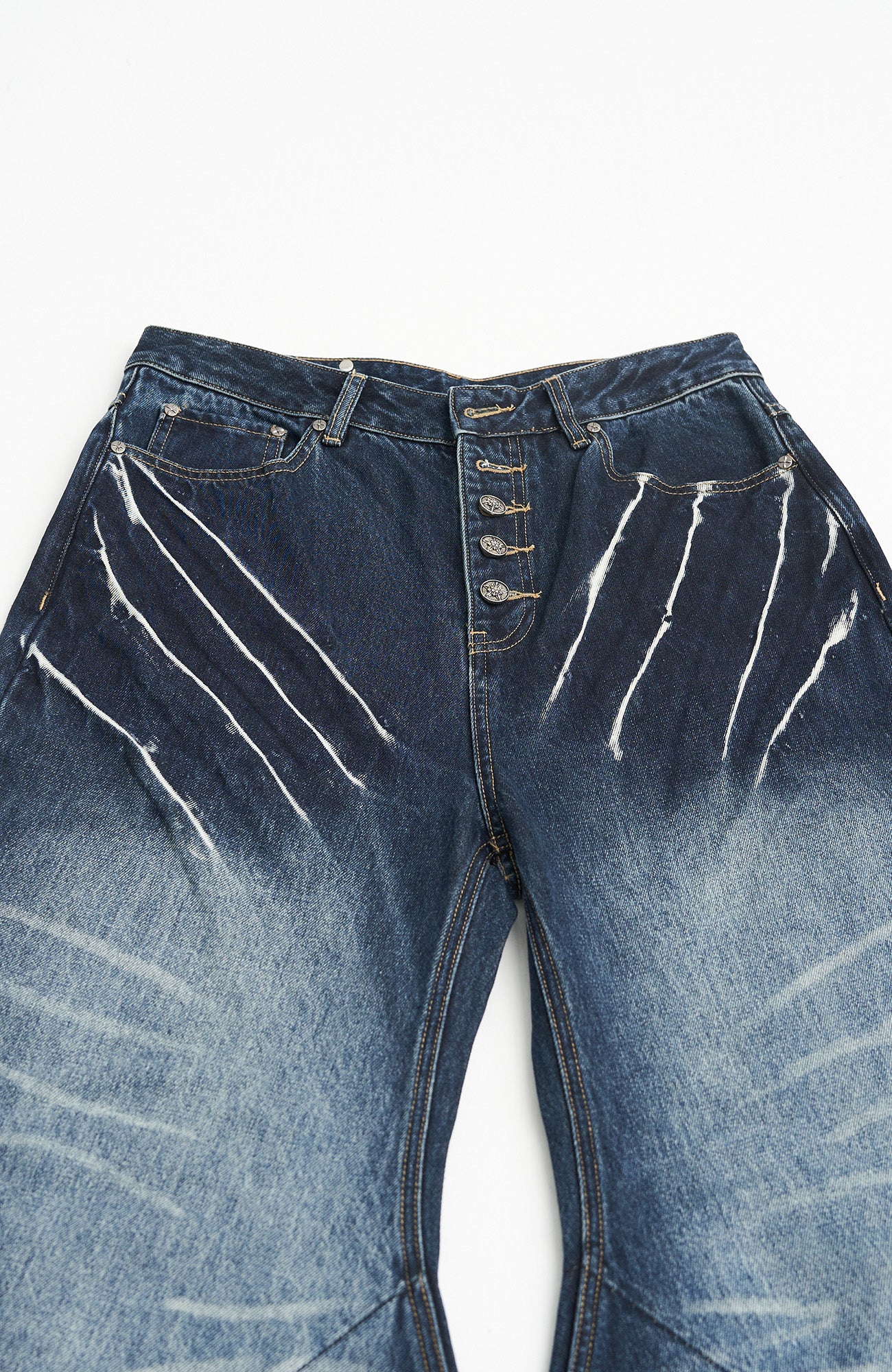 SEXXDEVIL Distressed Claw-Scratch Spliced Washed Curved Jeans