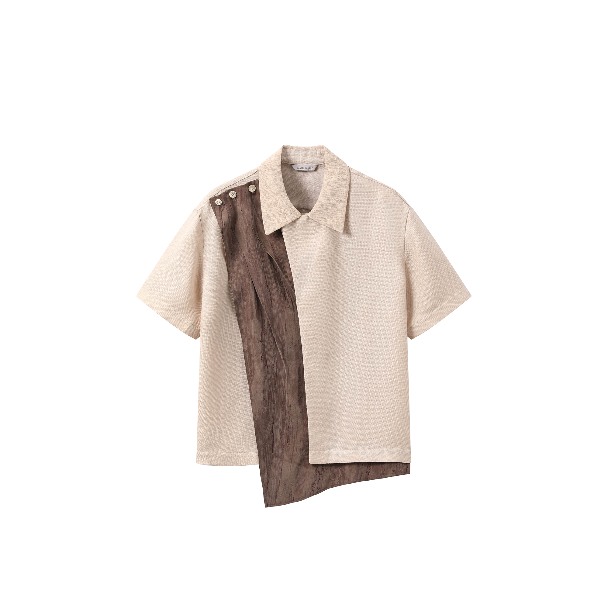 ALVNG AR ANTS Asymmetrical Contrast Spliced Linen Half Shirt, premium urban and streetwear designers apparel on PROJECTISR.com, ALVNG AR ANTS