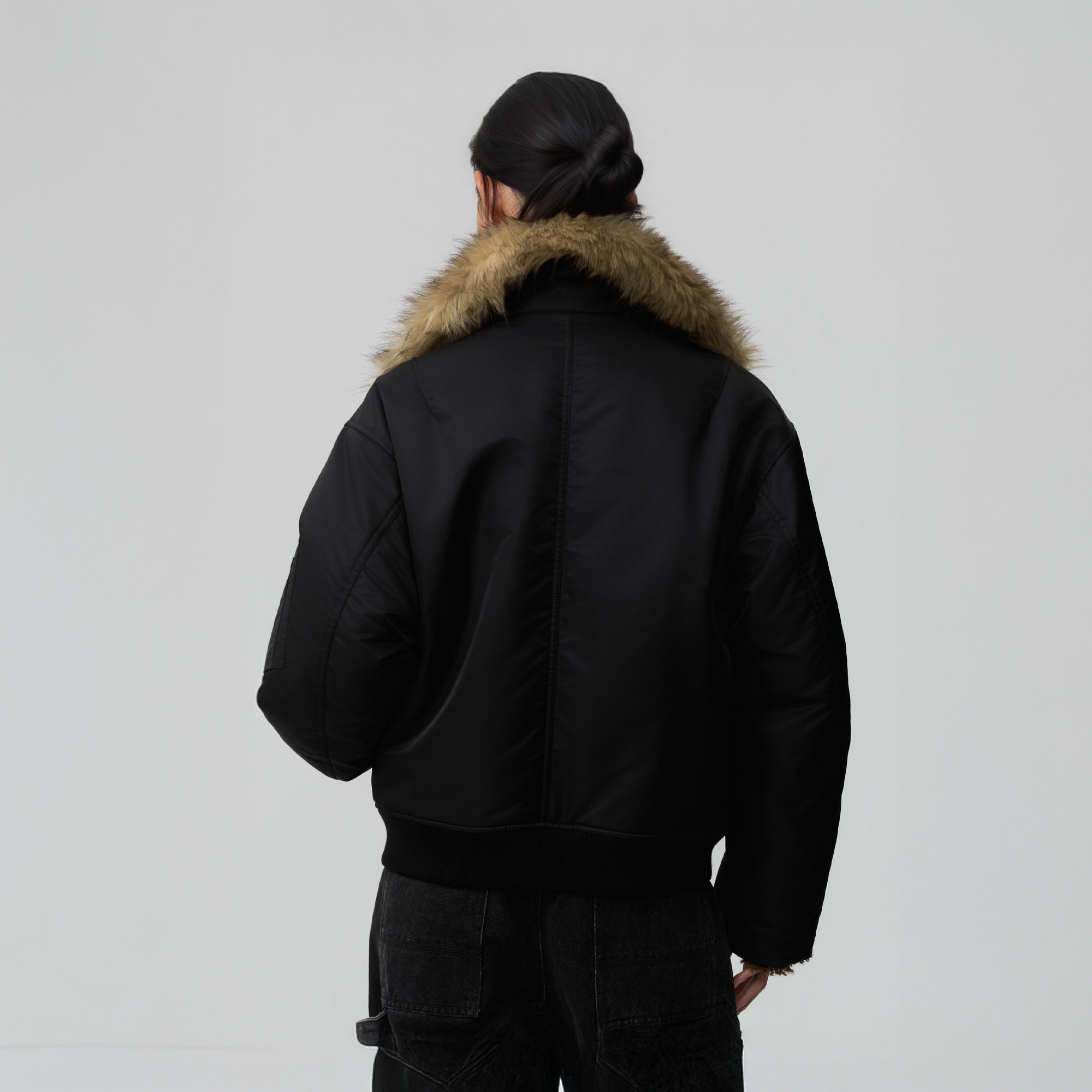 OPICLOTH Faux Fur-Lined Spliced Bomber Jacket
