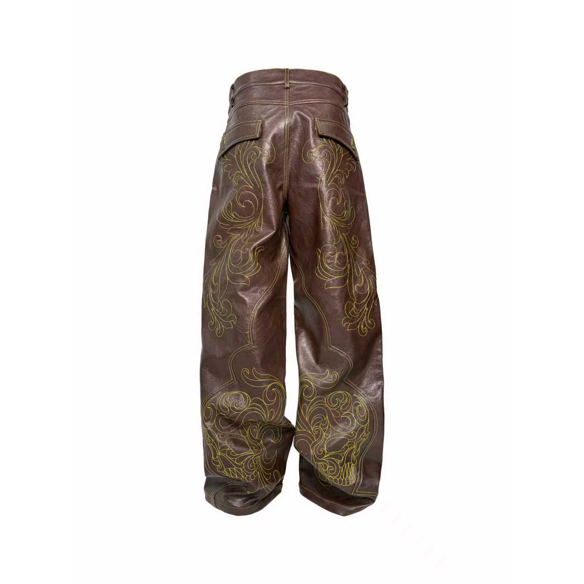 PCCVISION Gothic Skull Stitch PU Pants Brown