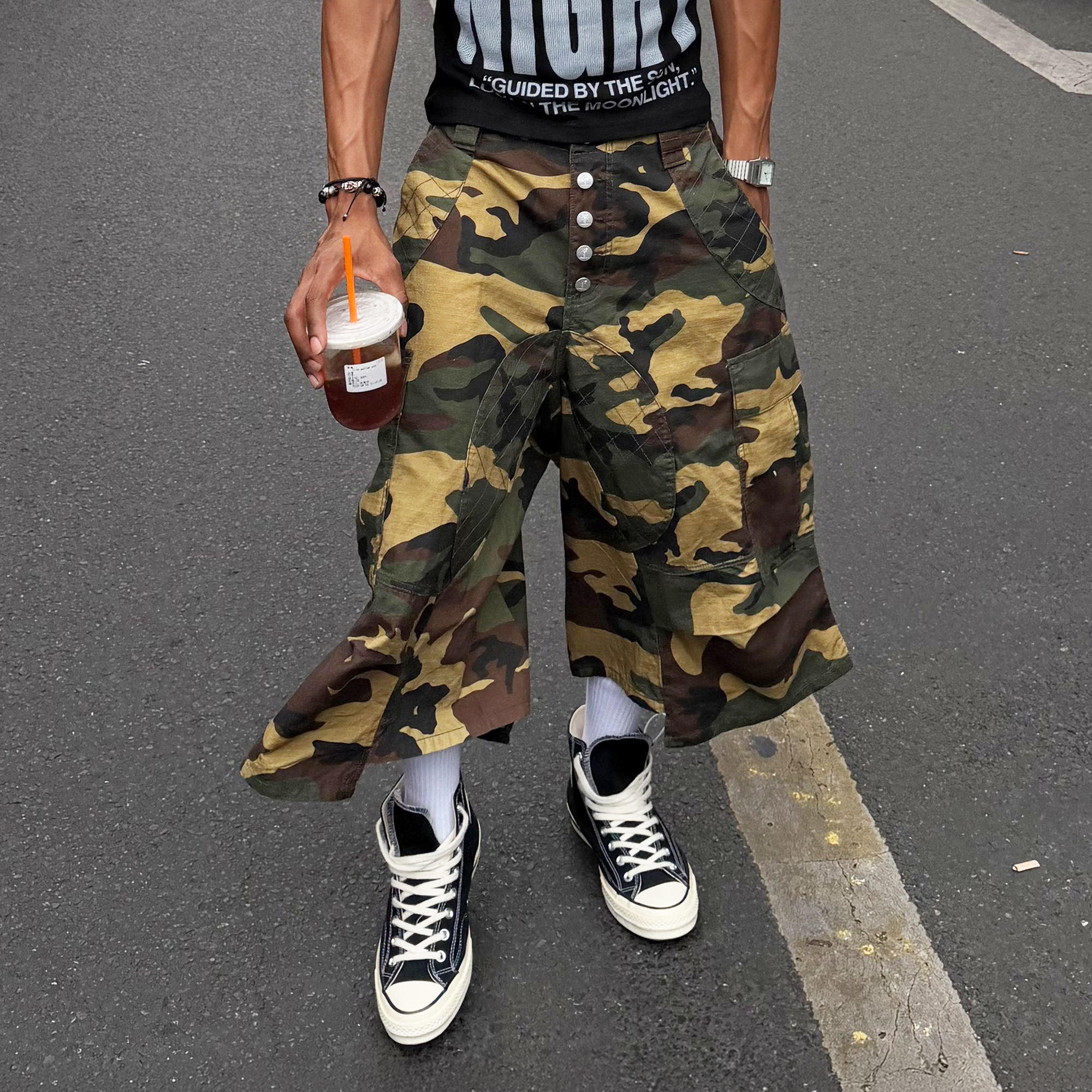 STEEPC Button-Fly Camo Quilted Cargo Shorts