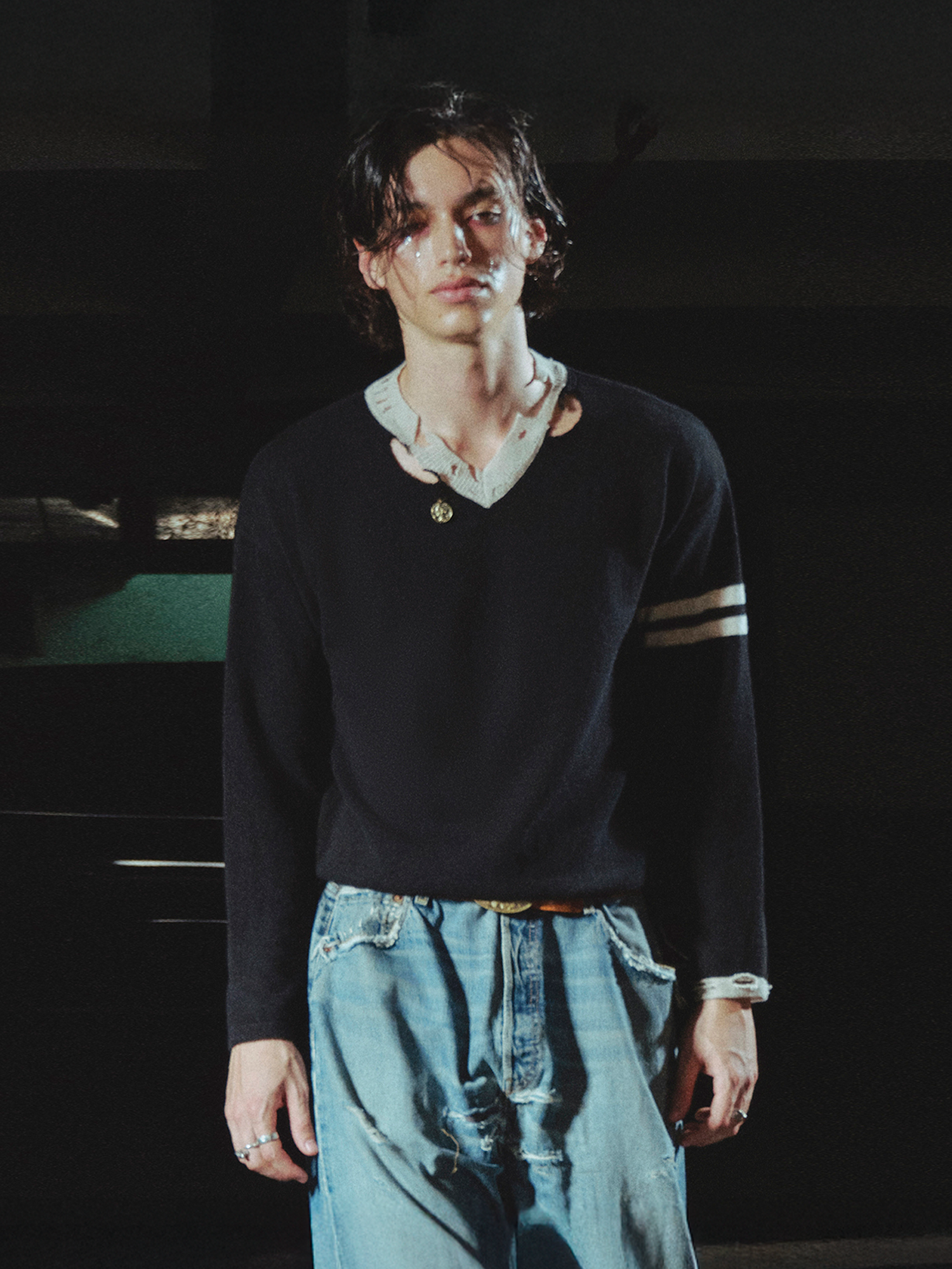 RICHILL Distressed V-Neck Coin-Button Wool Sweater