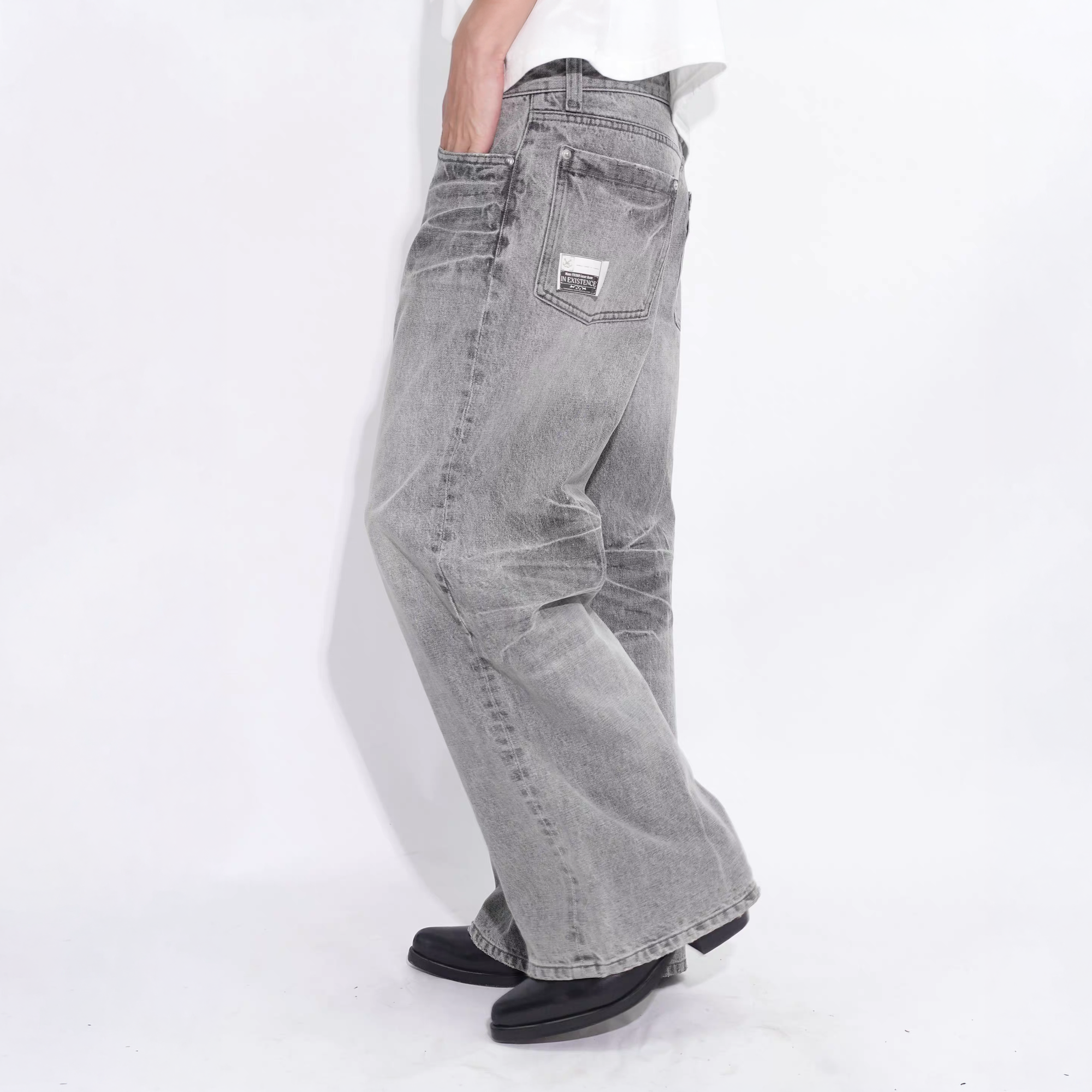 IN EXISTENCE x i Washed Lightning Fade Wide-Leg Jeans Gray, premium urban and streetwear designers apparel on PROJECTISR.com, IN EXISTENCE