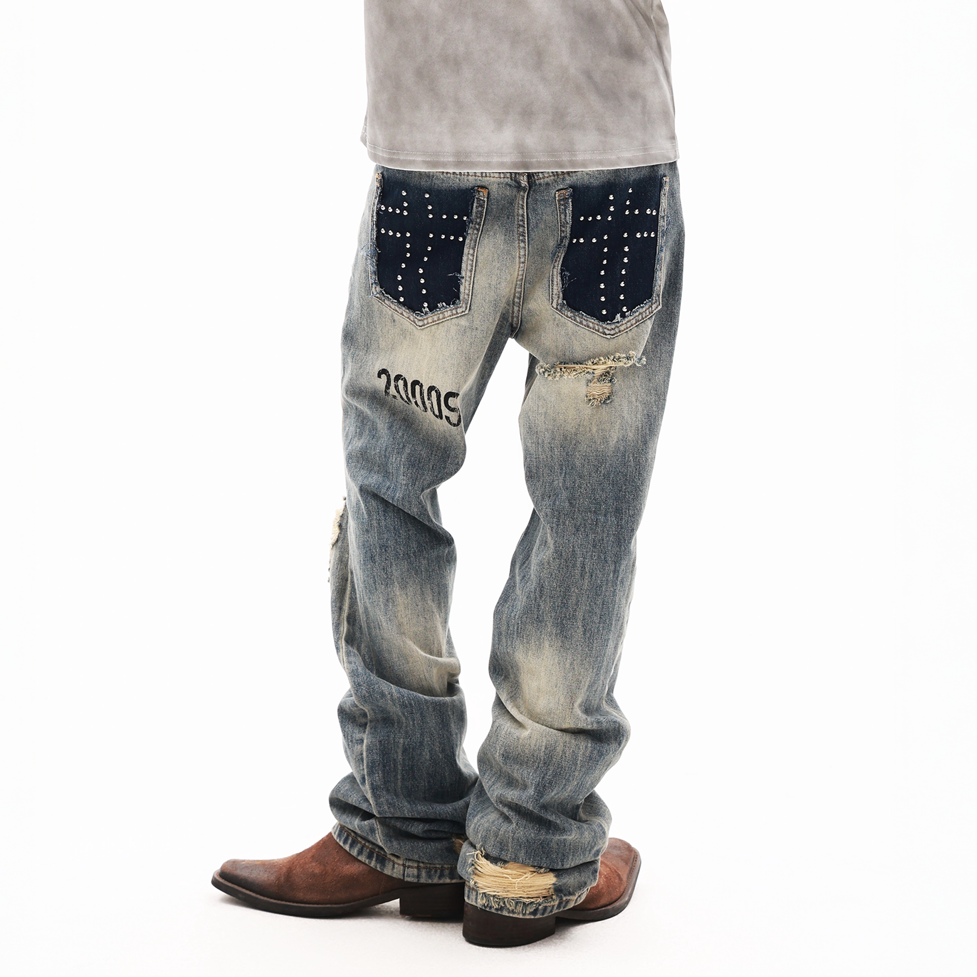 DETW Washed Distressed Rivet Stacked Curved Jeans