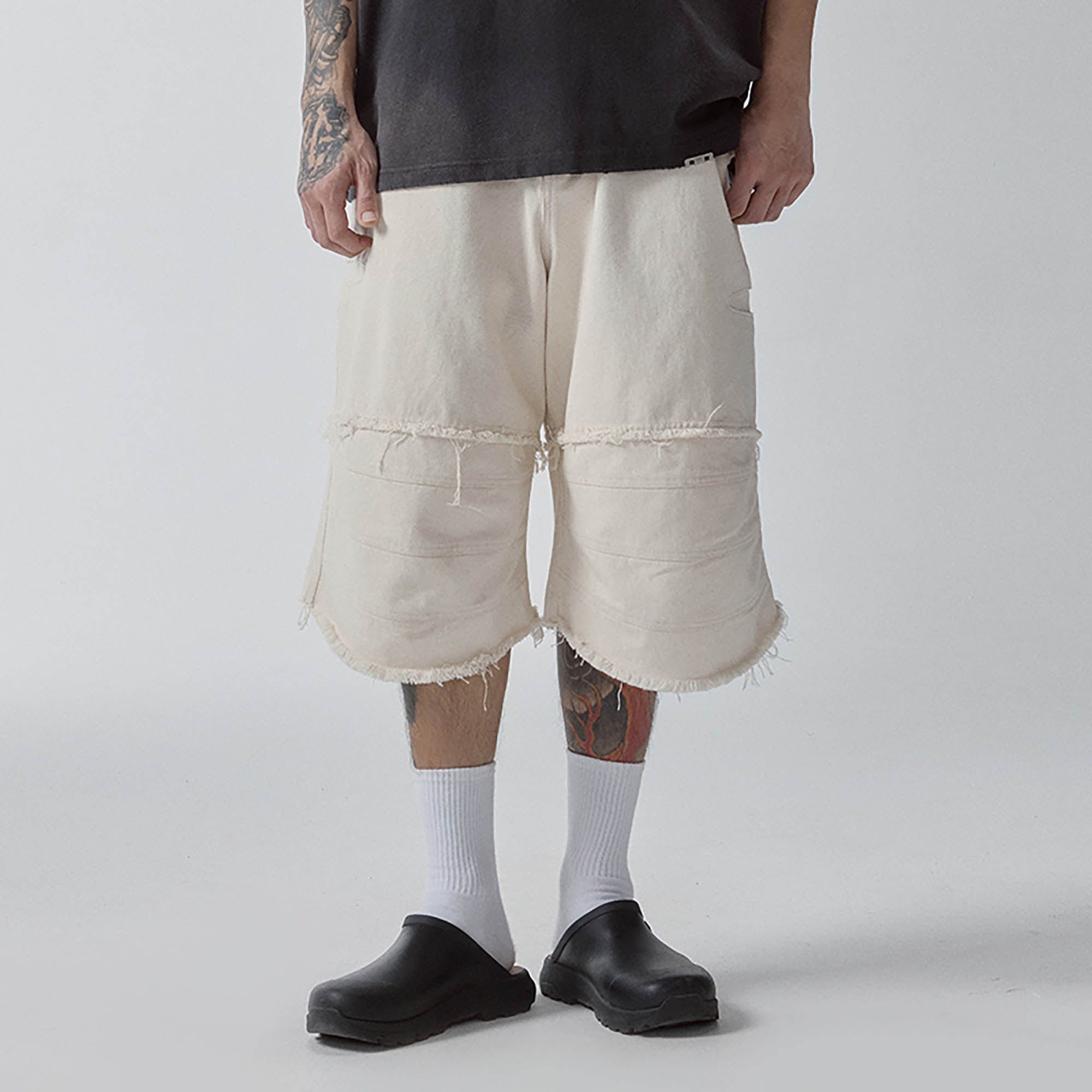 F2CE Layered Spliced Frayed-Edge Shorts, premium urban and streetwear designers apparel on PROJECTISR.com, F2CE