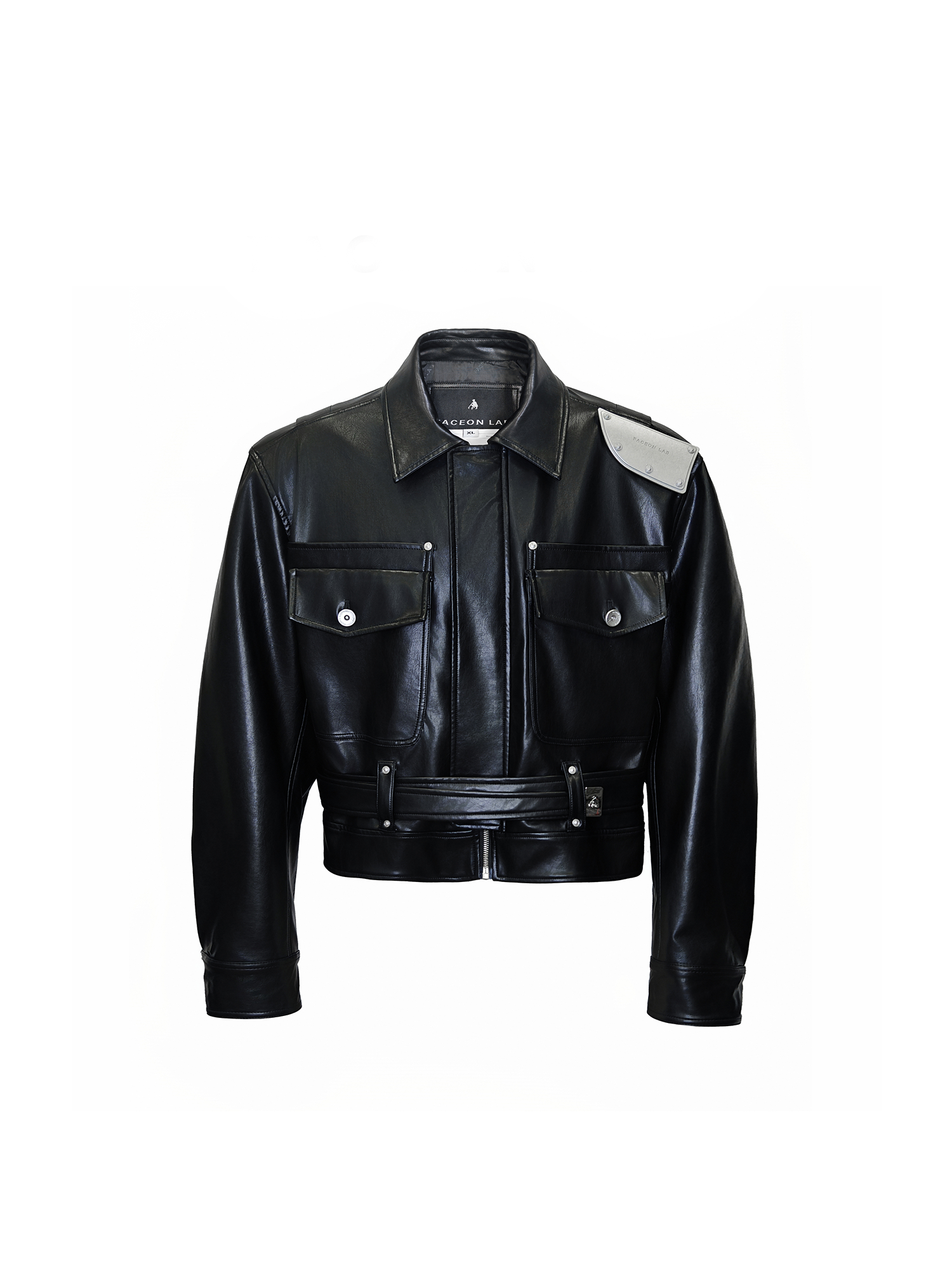 FACEONLAB Metal Epaulettes Belted Faux Leather Jacket Black