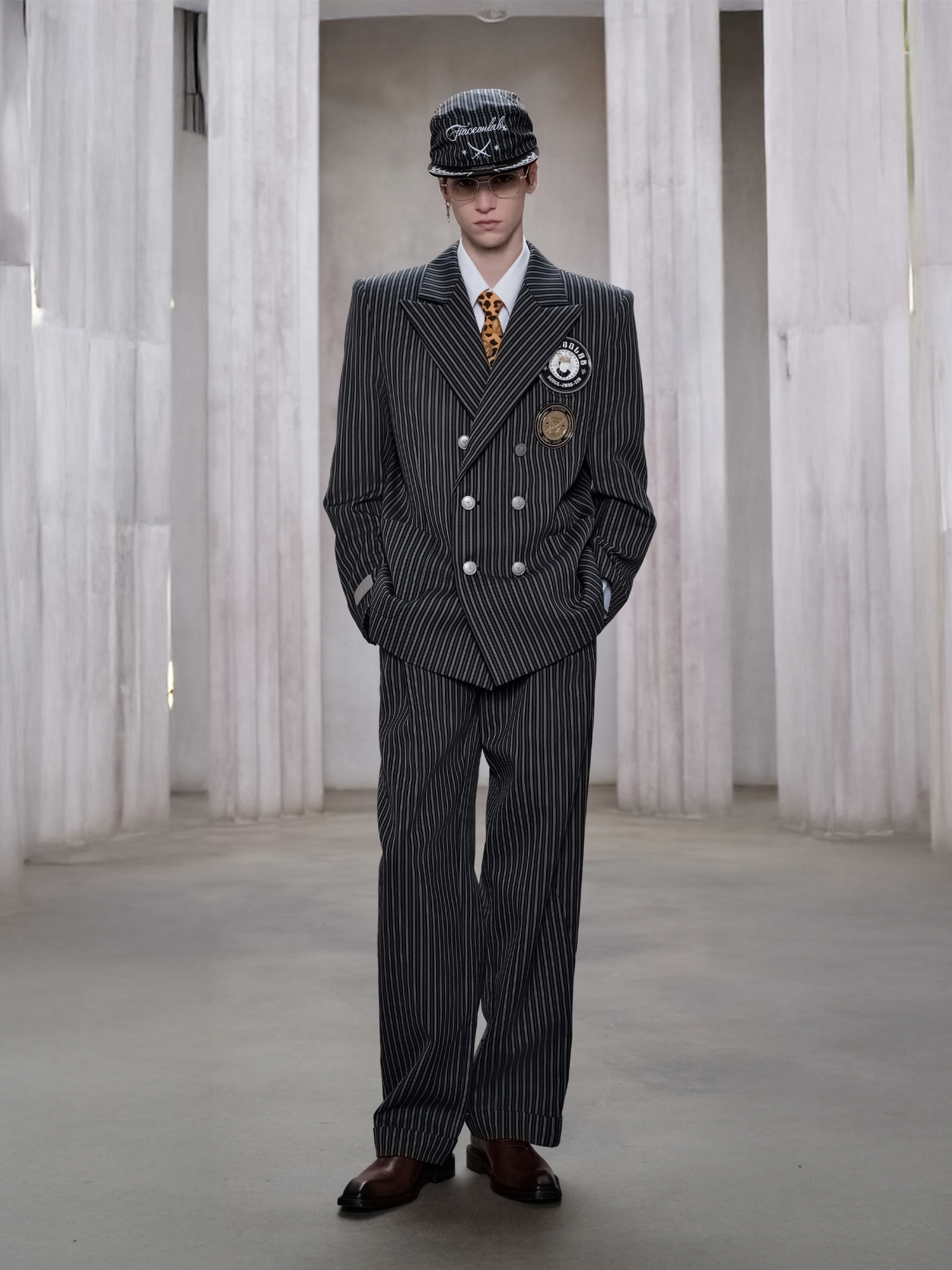 FACEONLAB Classic Striped Wool Pleated Tailored Trousers