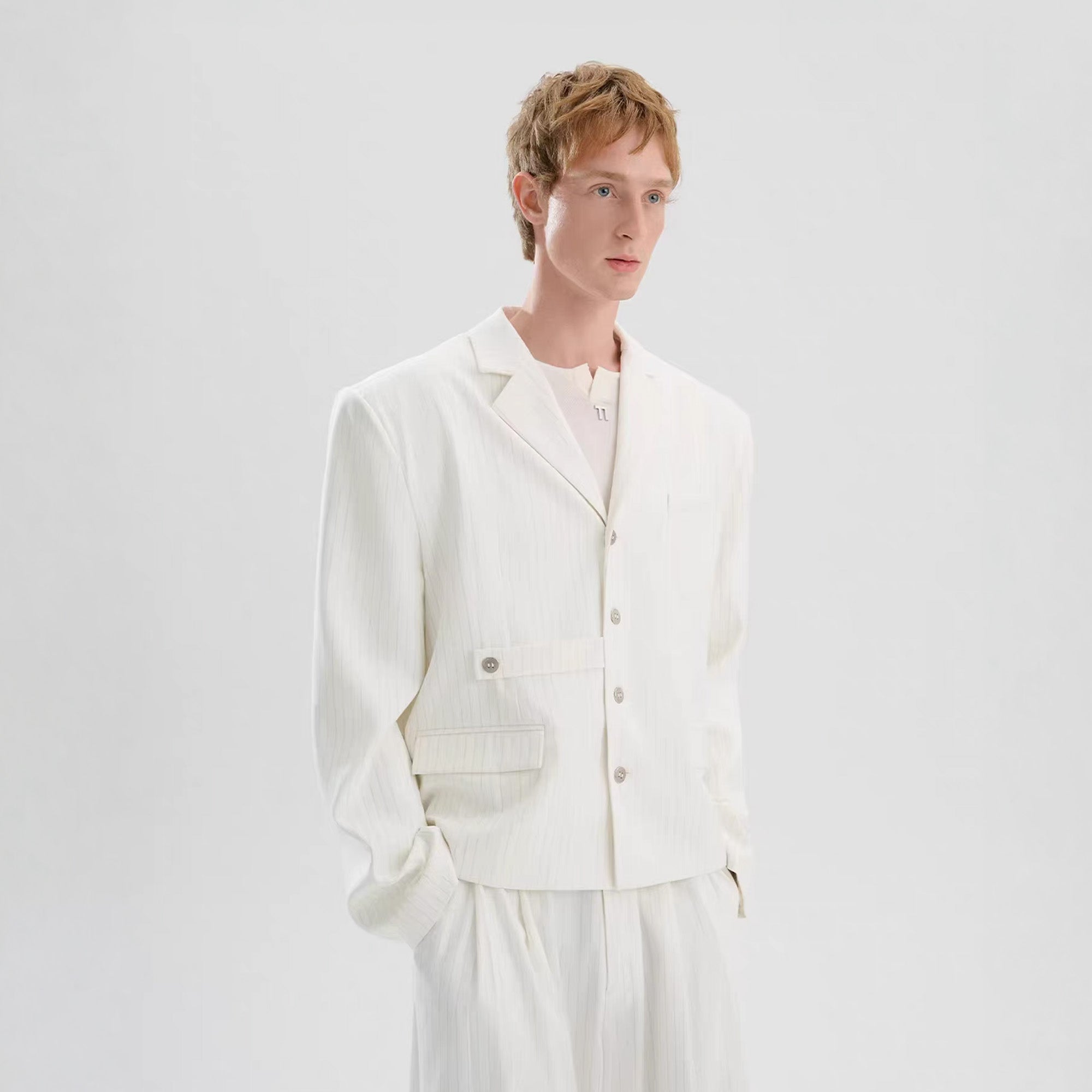 TIWILLTANG Cropped Pinstripe Strap Blazer White/Pink, premium urban and streetwear designers apparel on PROJECTISR.com, TIWILLTANG