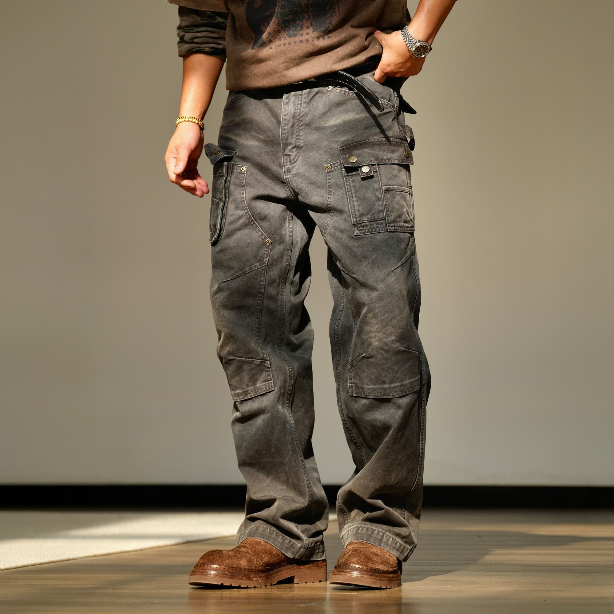 NEIGBORL Washed Multi-Pocket Straight-Leg Cargo Pants