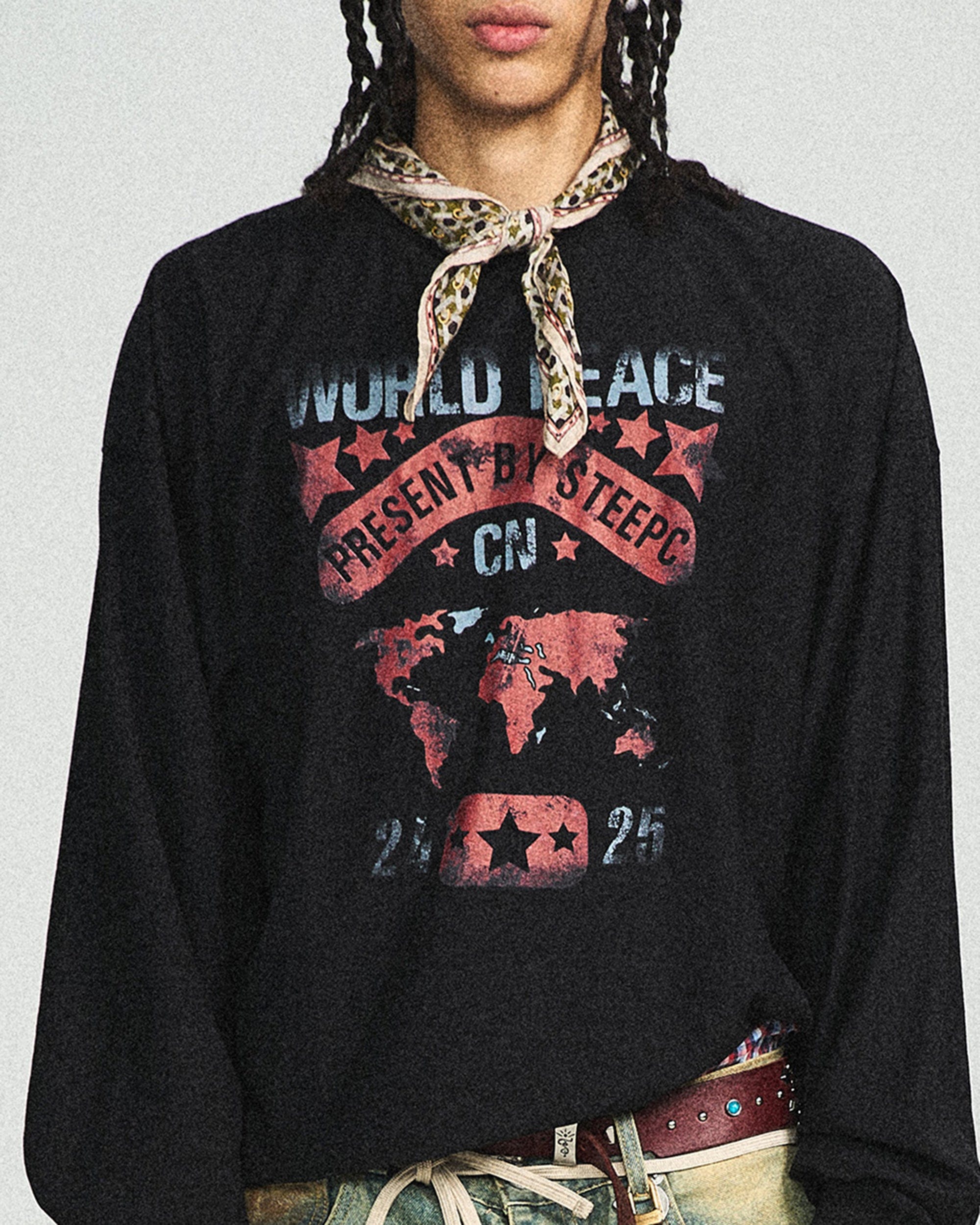 STEEPC Retro World Peace Frayed Long-Sleeve Tee, premium urban and streetwear designers apparel on PROJECTISR.com, STEEPC