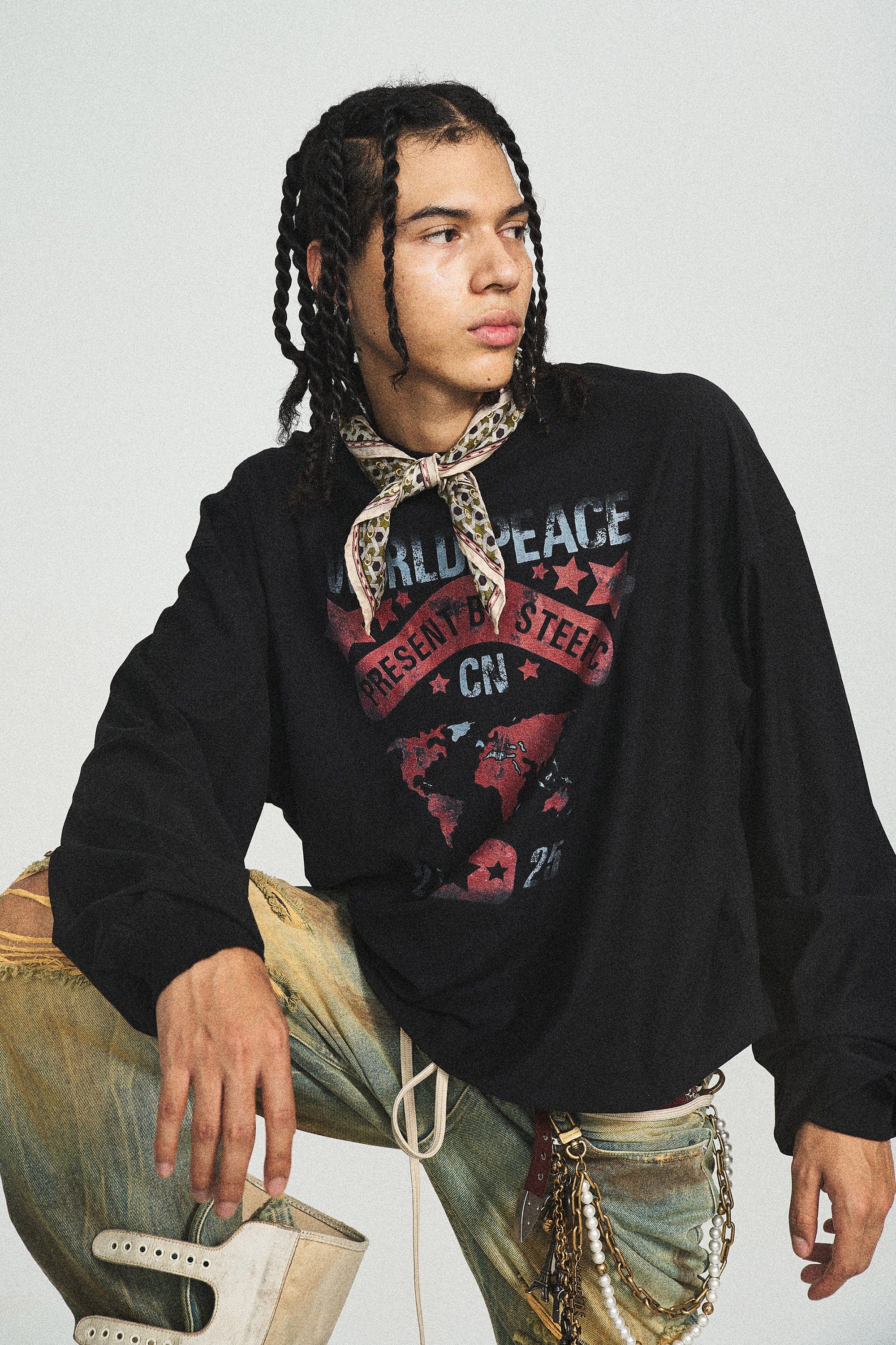 STEEPC Retro World Peace Frayed Long-Sleeve Tee, premium urban and streetwear designers apparel on PROJECTISR.com, STEEPC