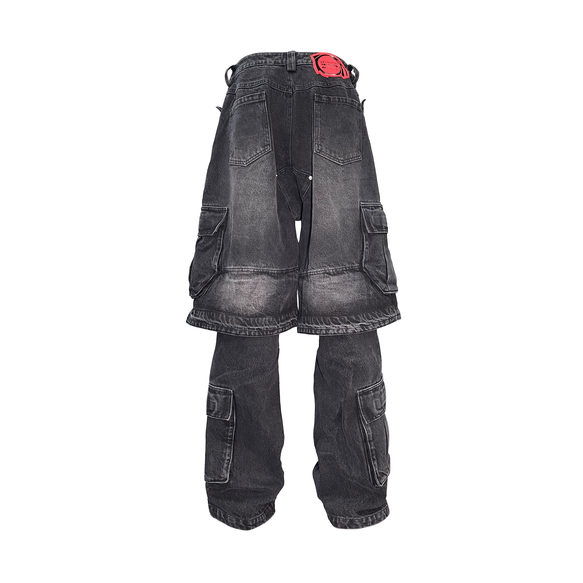 PCCVISION Washed Double-Layered Multi-Pockets Jeans