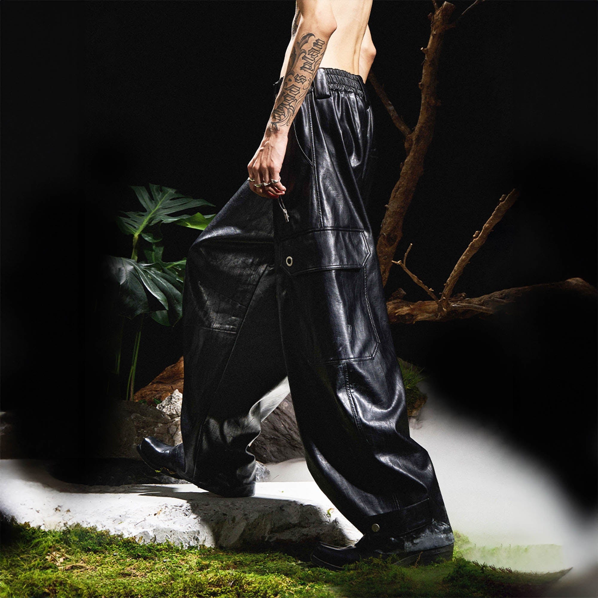 RELABEL Multi-Pocket Pleated Faux Leather Wide-Leg Pants, premium urban and streetwear designers apparel on PROJECTISR.com, RELABEL