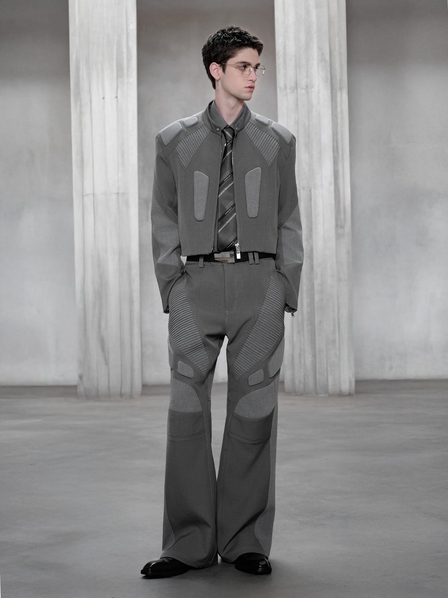 FACEONLAB Paneled Armor Padding Straight-Leg Pants