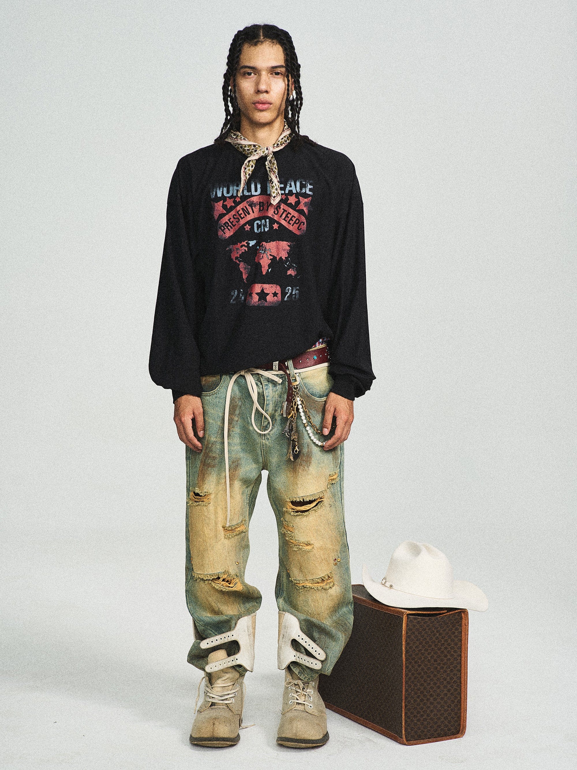 STEEPC Retro World Peace Frayed Long-Sleeve Tee, premium urban and streetwear designers apparel on PROJECTISR.com, STEEPC