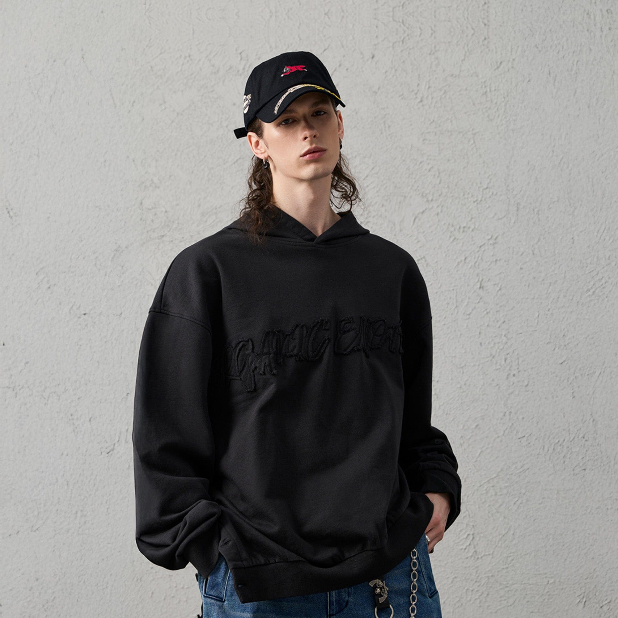 ORGANIC EMOTION Asymmetrical Hem LOGO Embroidered Hoodie, premium urban and streetwear designers apparel on PROJECTISR.com, ORGANIC EMOTION