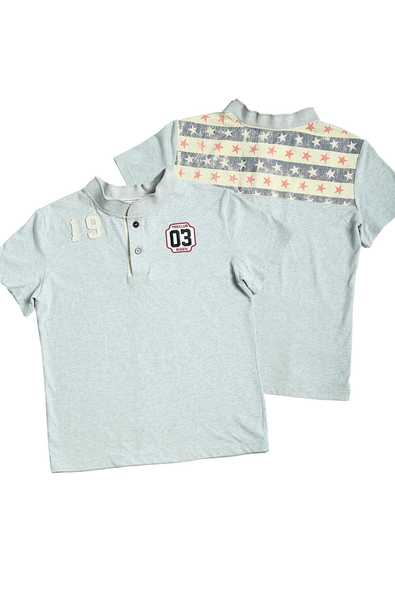 TRECLUB Retro Star Stripe Stand-Collar Polo T-Shirt