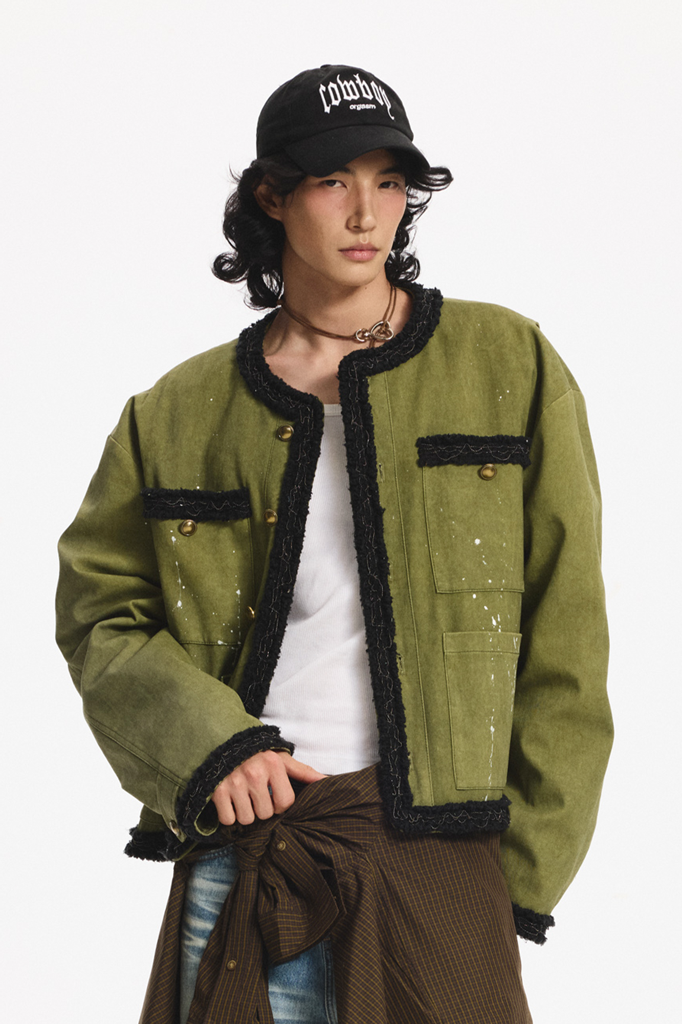 LEONSENSE Paneled Fleece Trim Paint-Splattered Jacket, premium urban and streetwear designers apparel on PROJECTISR.com, LEONSENSE