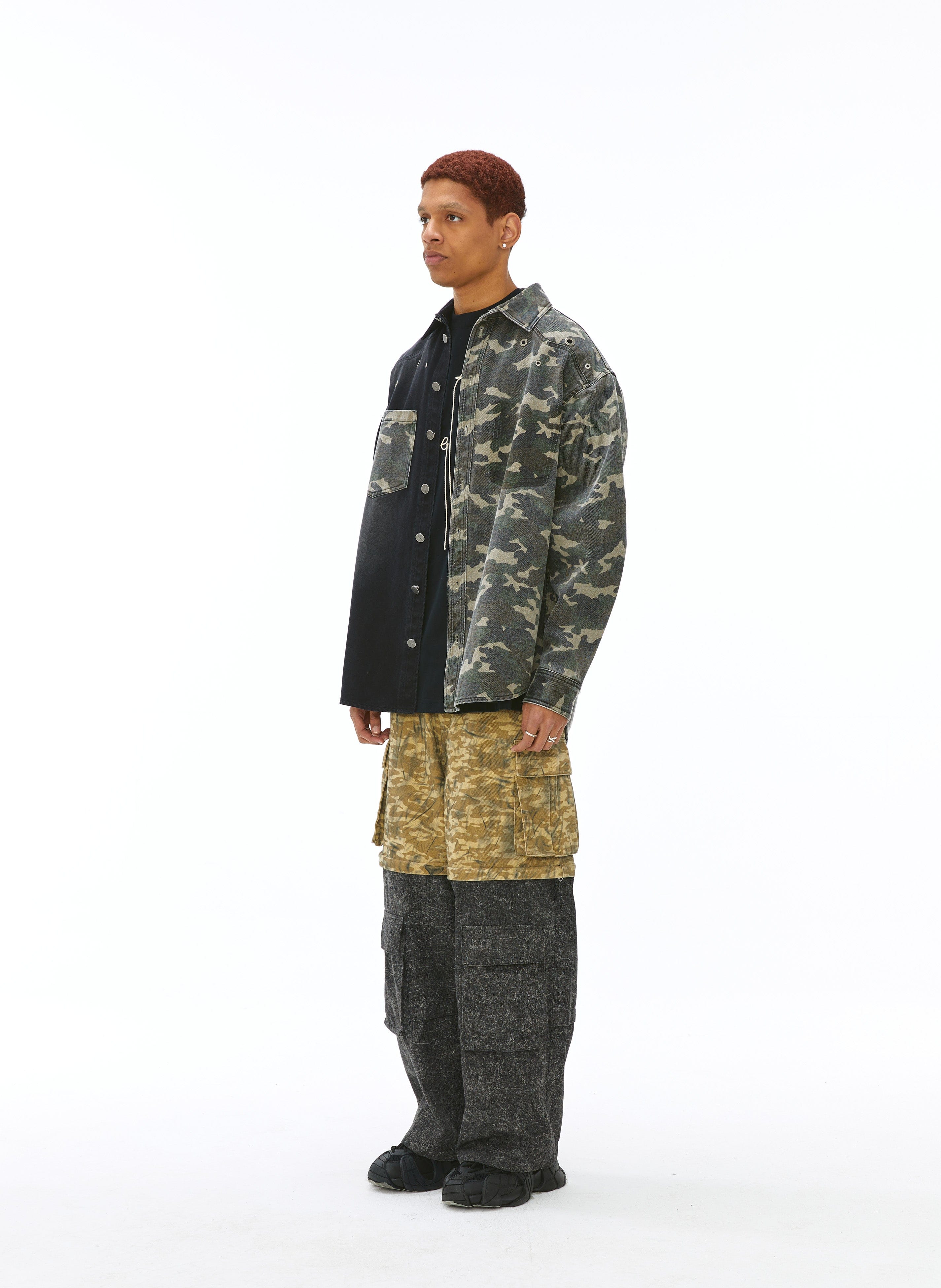 VANN VALRENCE Paneled Camo Denim Shirt