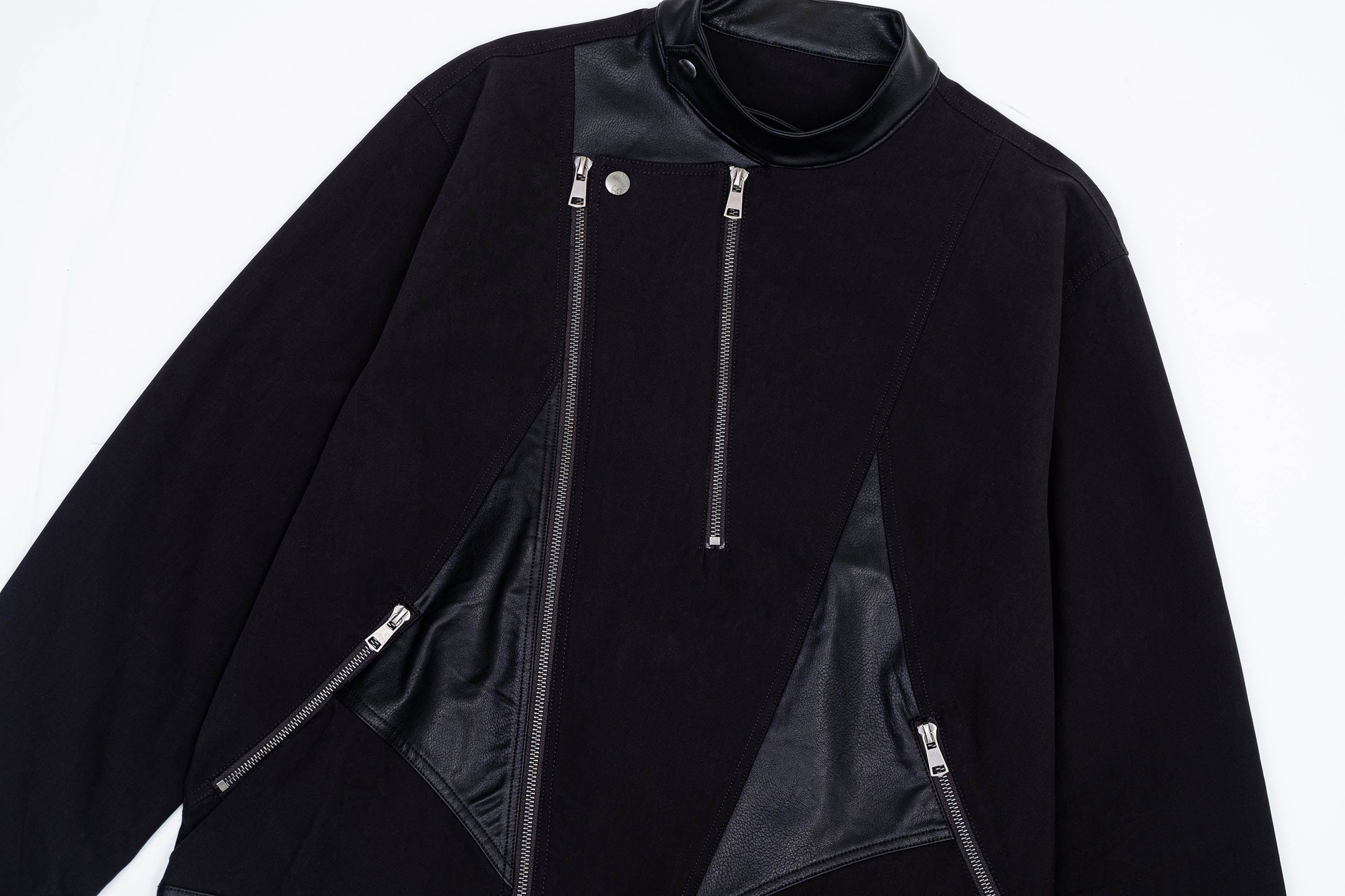 IN EXISTENCE Multi-Zip Asymmetrical Spliced Leather Biker Jacket, premium urban and streetwear designers apparel on PROJECTISR.com, IN EXISTENCE
