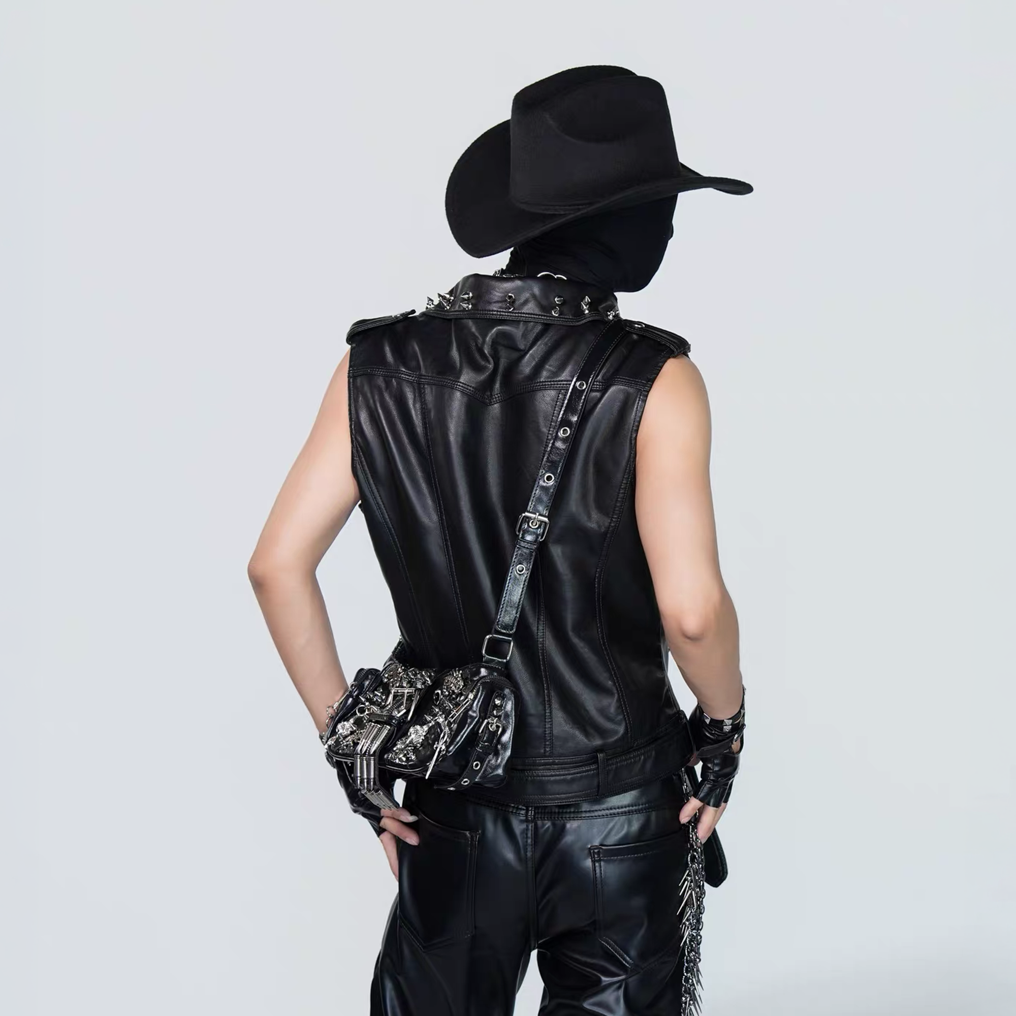 VE2 Thorn Chain Studded Faux Leather Biker Vest