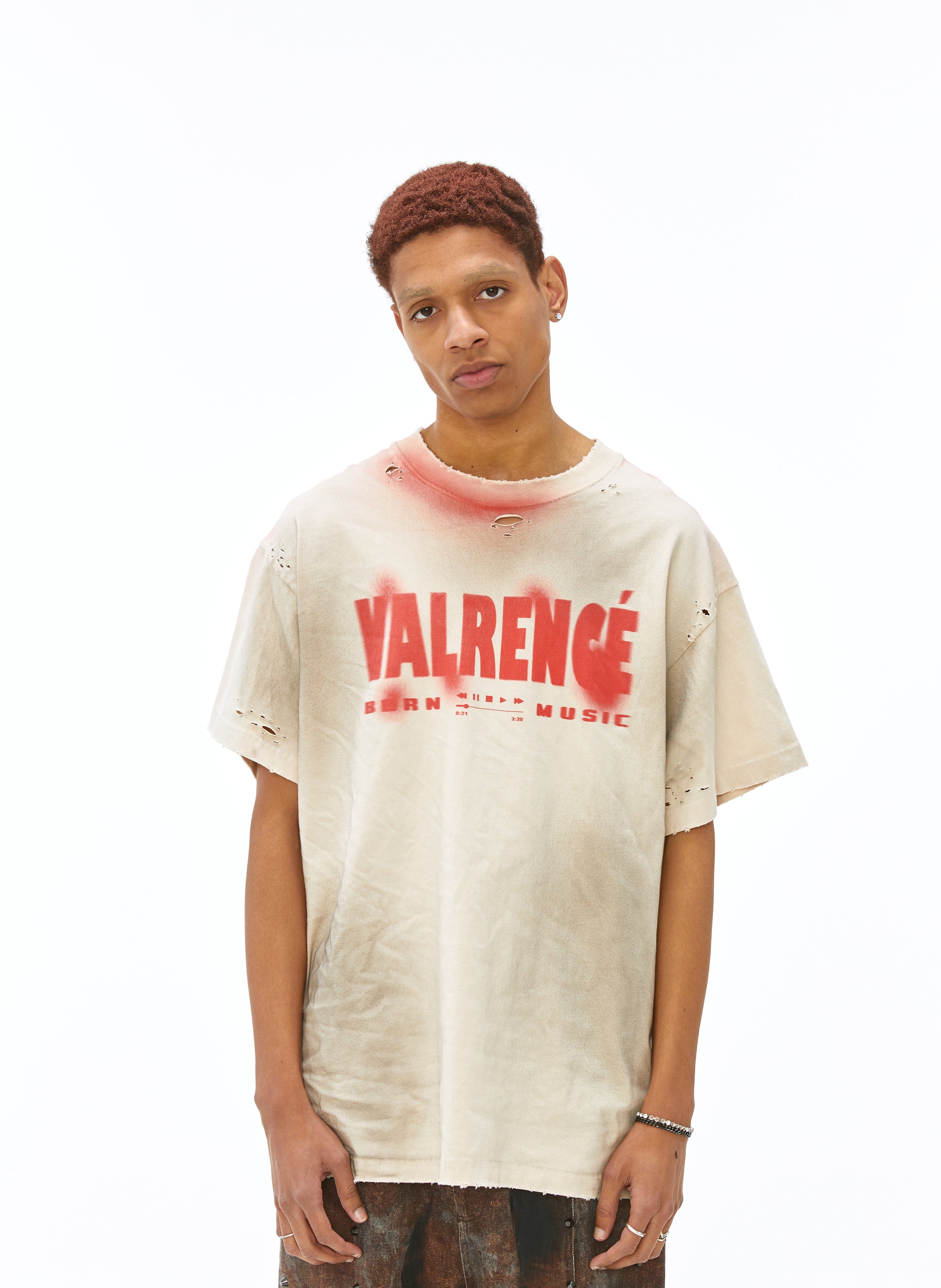 VANN VALRENCE Distressed Washed Spray Faded LOGO T-Shirt