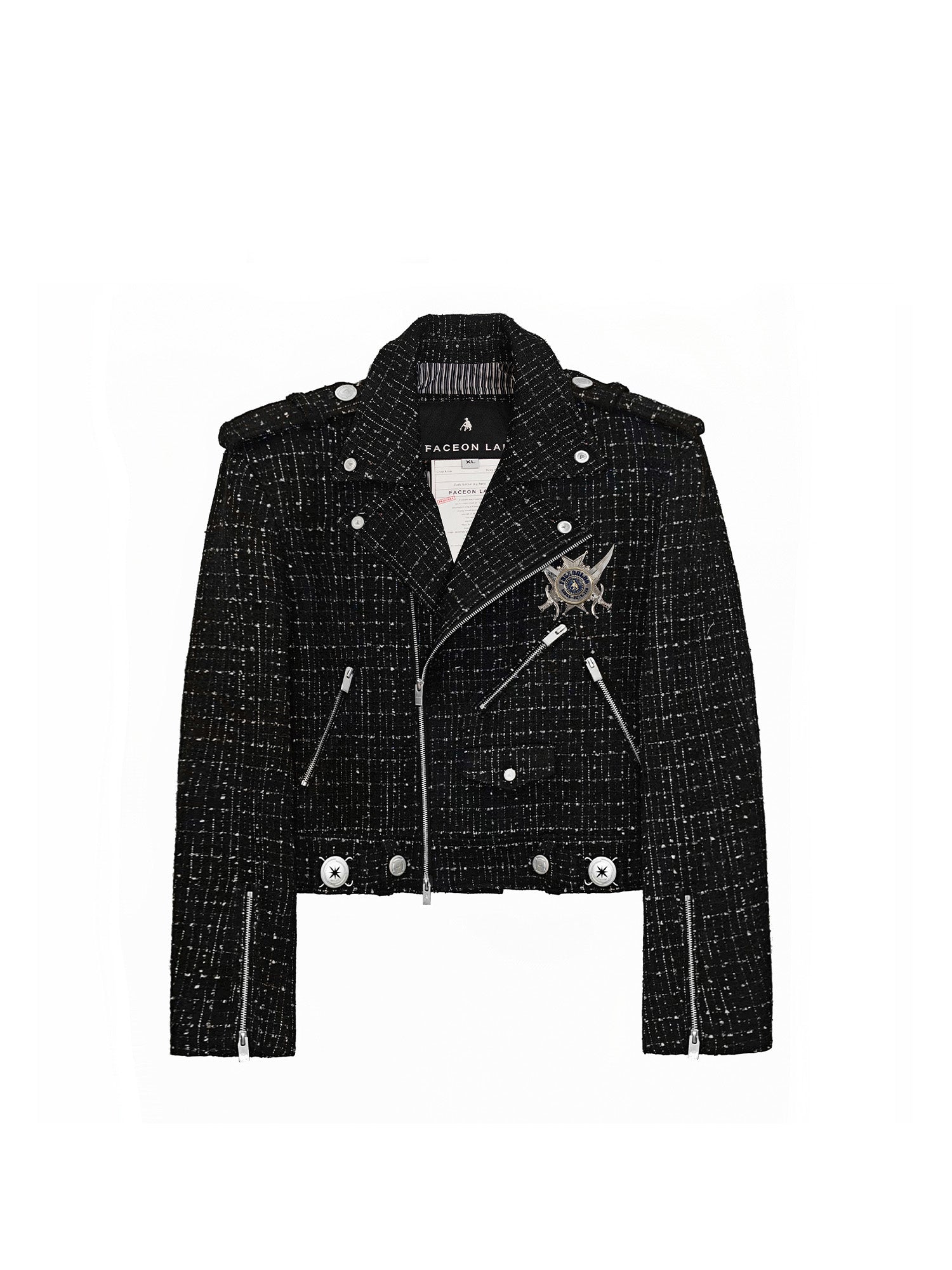 FACEONLAB Metal Badge Multi-Zip Tweed Biker Jacket