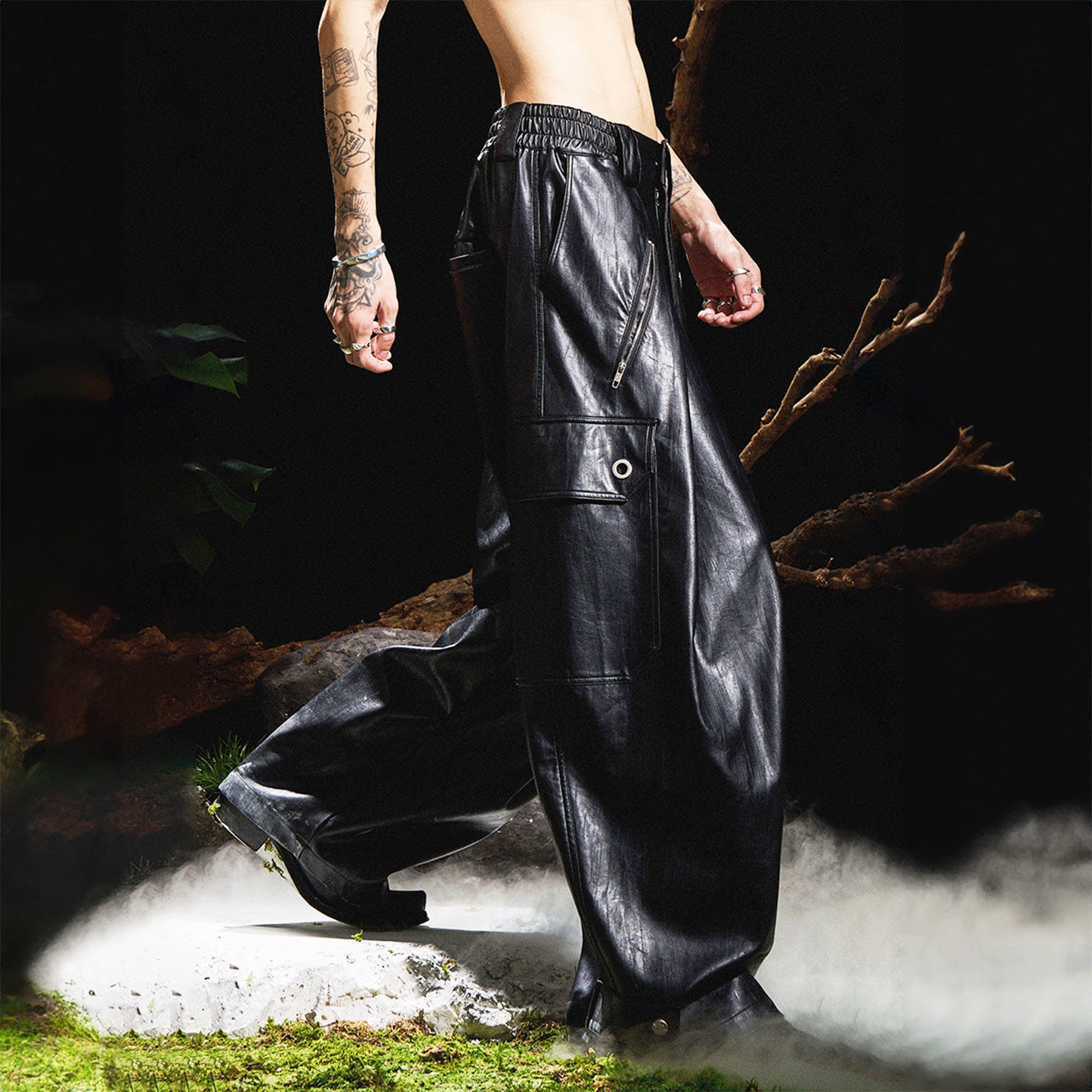 RELABEL Multi-Pocket Pleated Faux Leather Wide-Leg Pants, premium urban and streetwear designers apparel on PROJECTISR.com, RELABEL