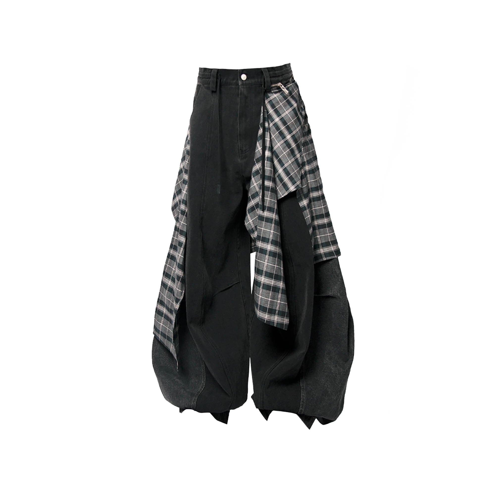 RELABEL Detachable Plaid Back Flap Spliced Jeans, premium urban and streetwear designers apparel on PROJECTISR.com, RELABEL