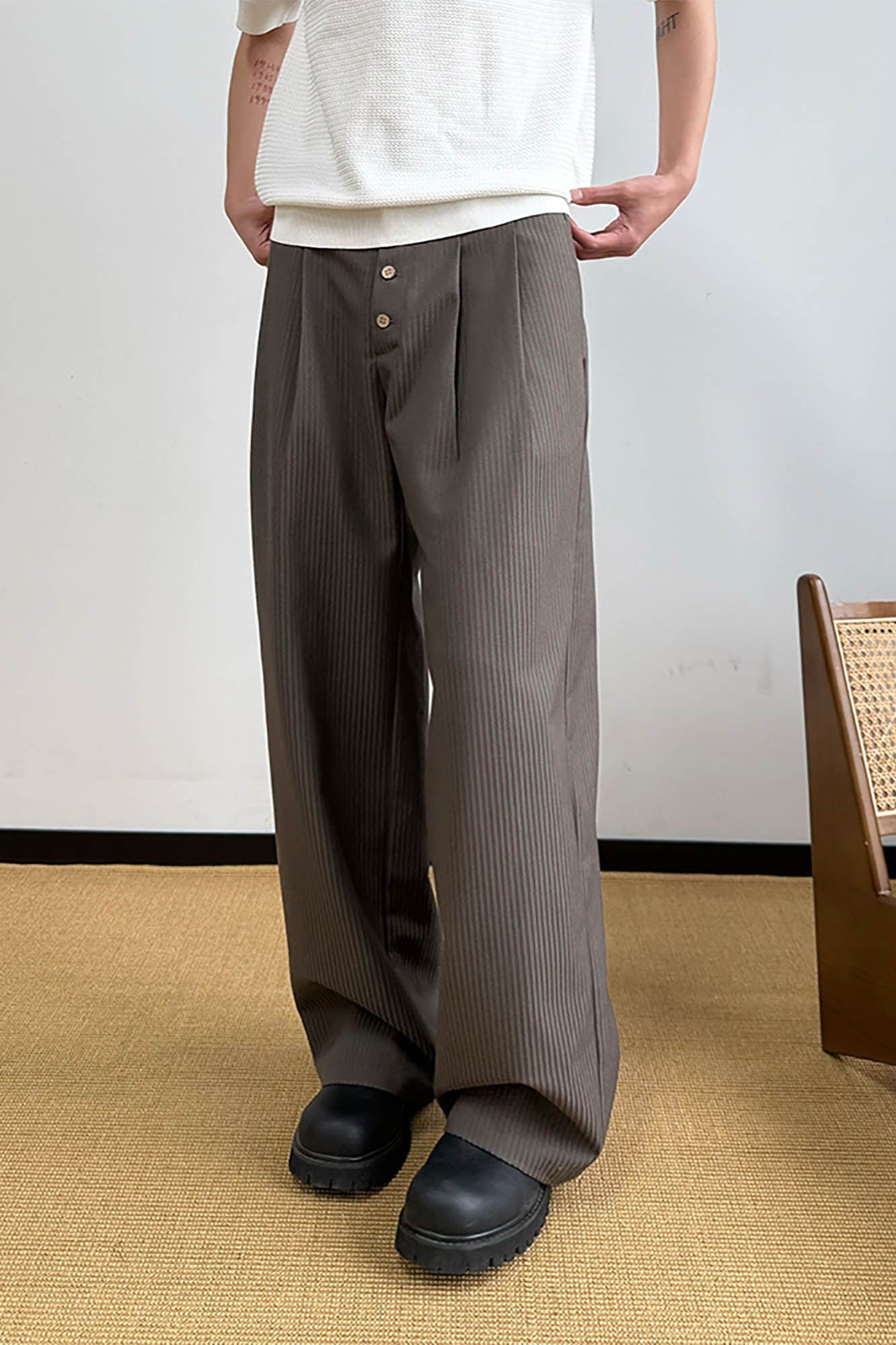 KREATE Pinstriped Pleated Trousers, premium urban and streetwear designers apparel on PROJECTISR.com, KREATE