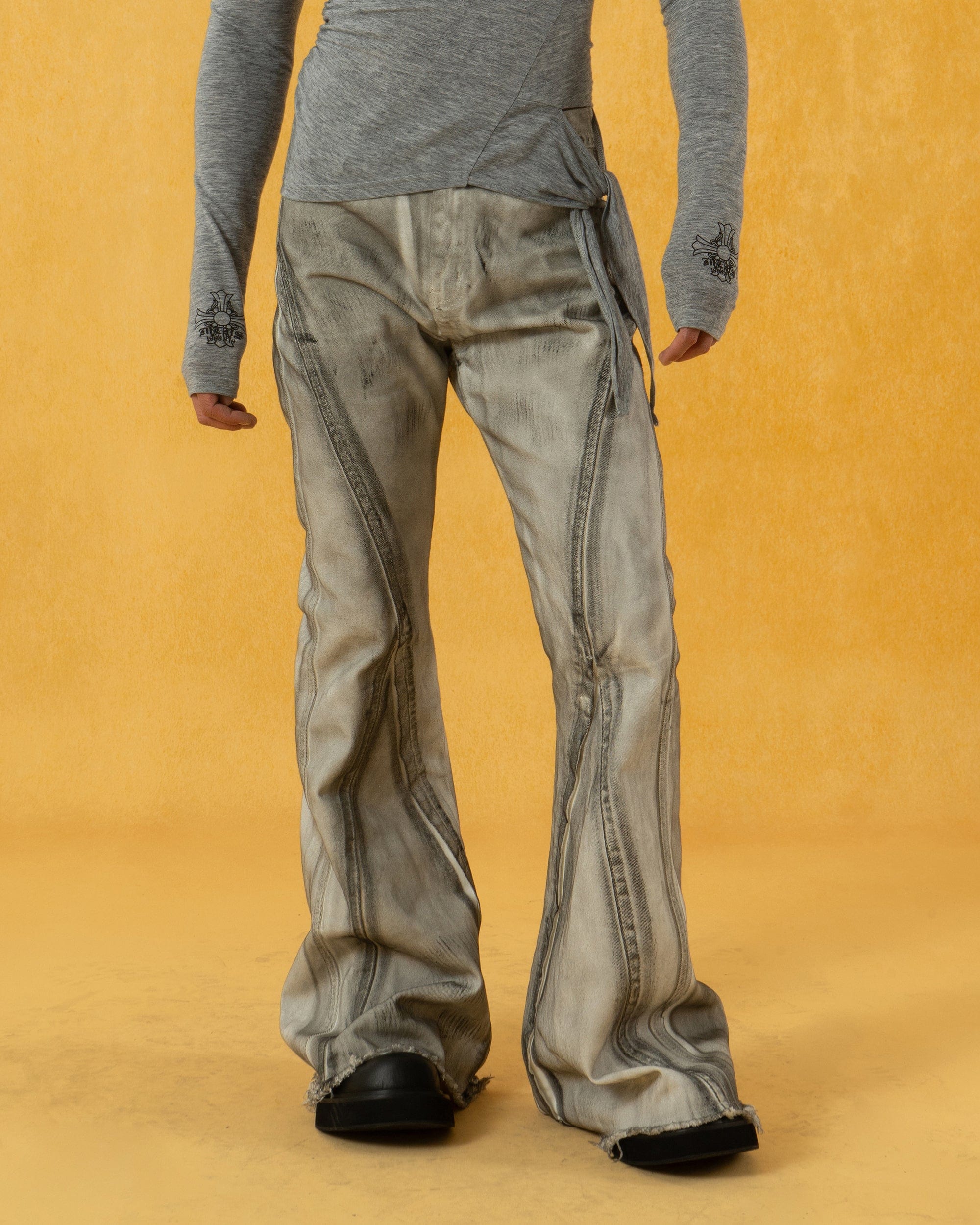 CLP Spliced Distressed Raw Edge Flared Jeans, premium urban and streetwear designers apparel on PROJECTISR.com, CLP