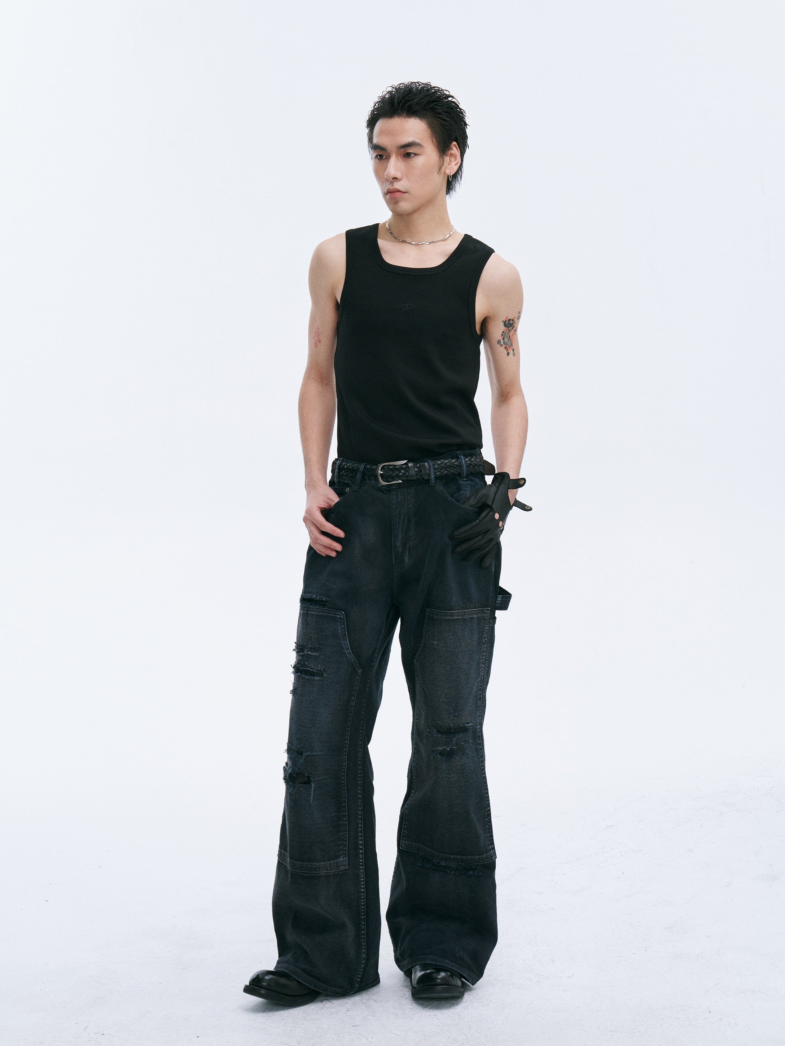 CATSSTAC Distressed Double-Knee Carpenter Straight-Leg Jeans Black, premium urban and streetwear designers apparel on PROJECTISR.com, CATSSTAC
