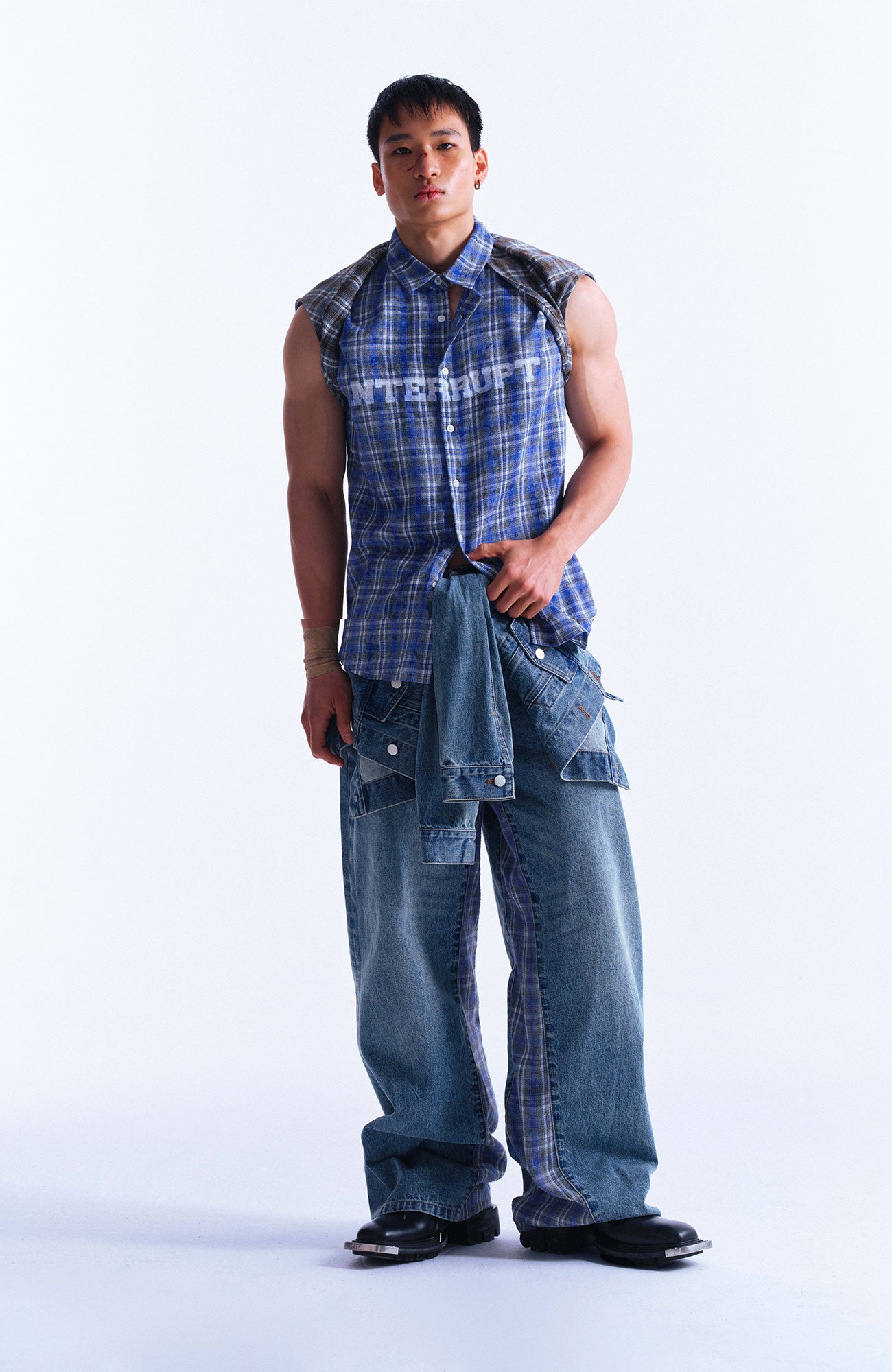 INTERRUPT Plaid Spliced Faux Two-Piece Wide-Leg Jeans