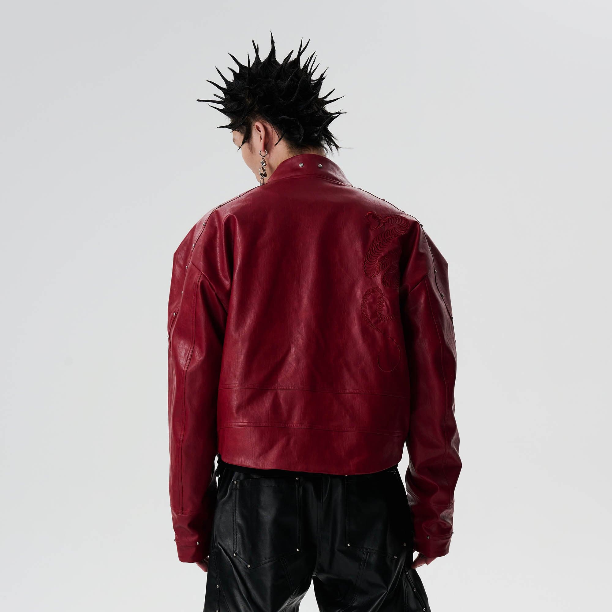 SAVAGEGROWTHWORLD Snake Bone Embroidered Rivet Cropped PU Jacket, premium urban and streetwear designers apparel on PROJECTISR.com, SAVAGEGROWTHWORLD