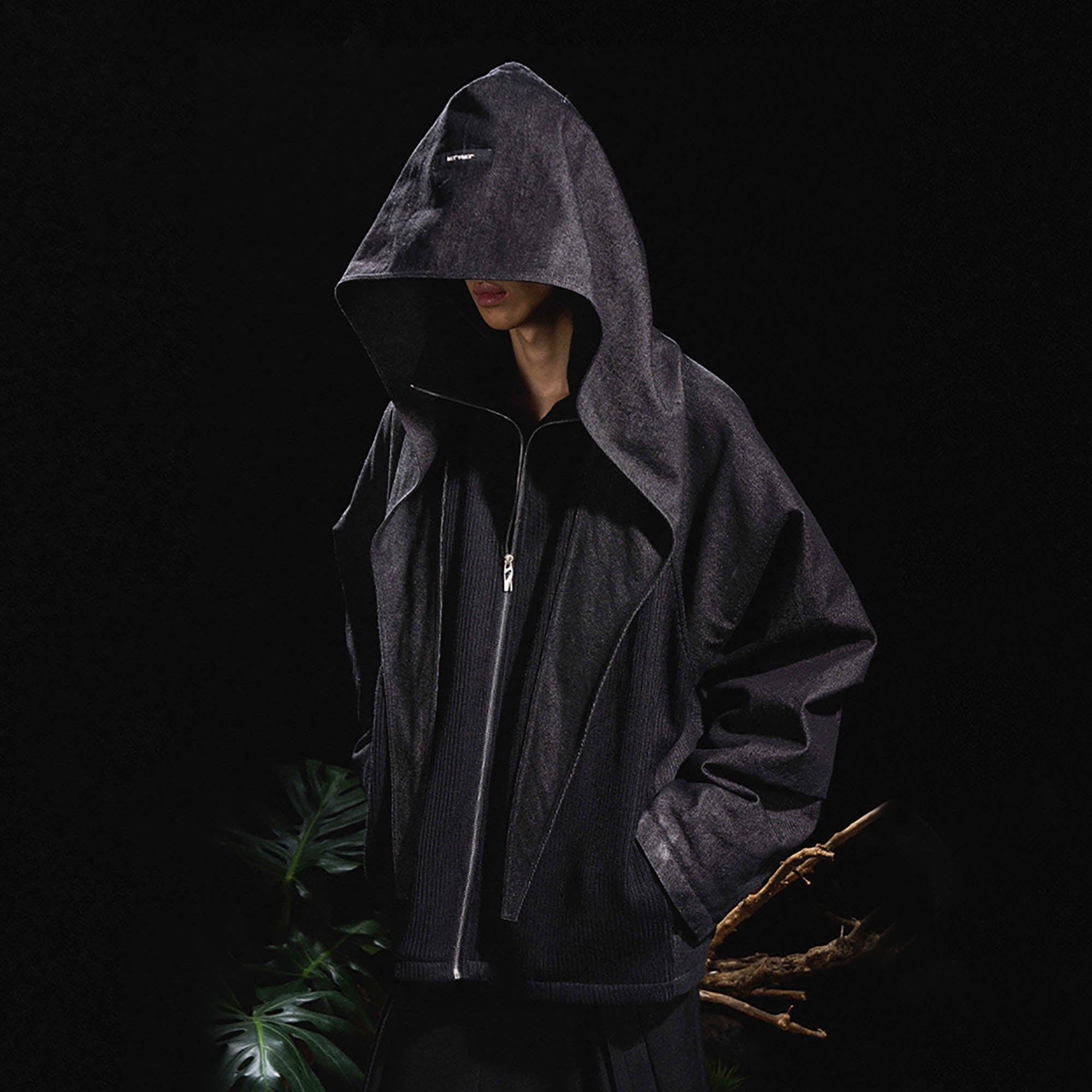 RELABEL Mask-Hood Spliced Denim Paneled Jacket, premium urban and streetwear designers apparel on PROJECTISR.com, RELABEL