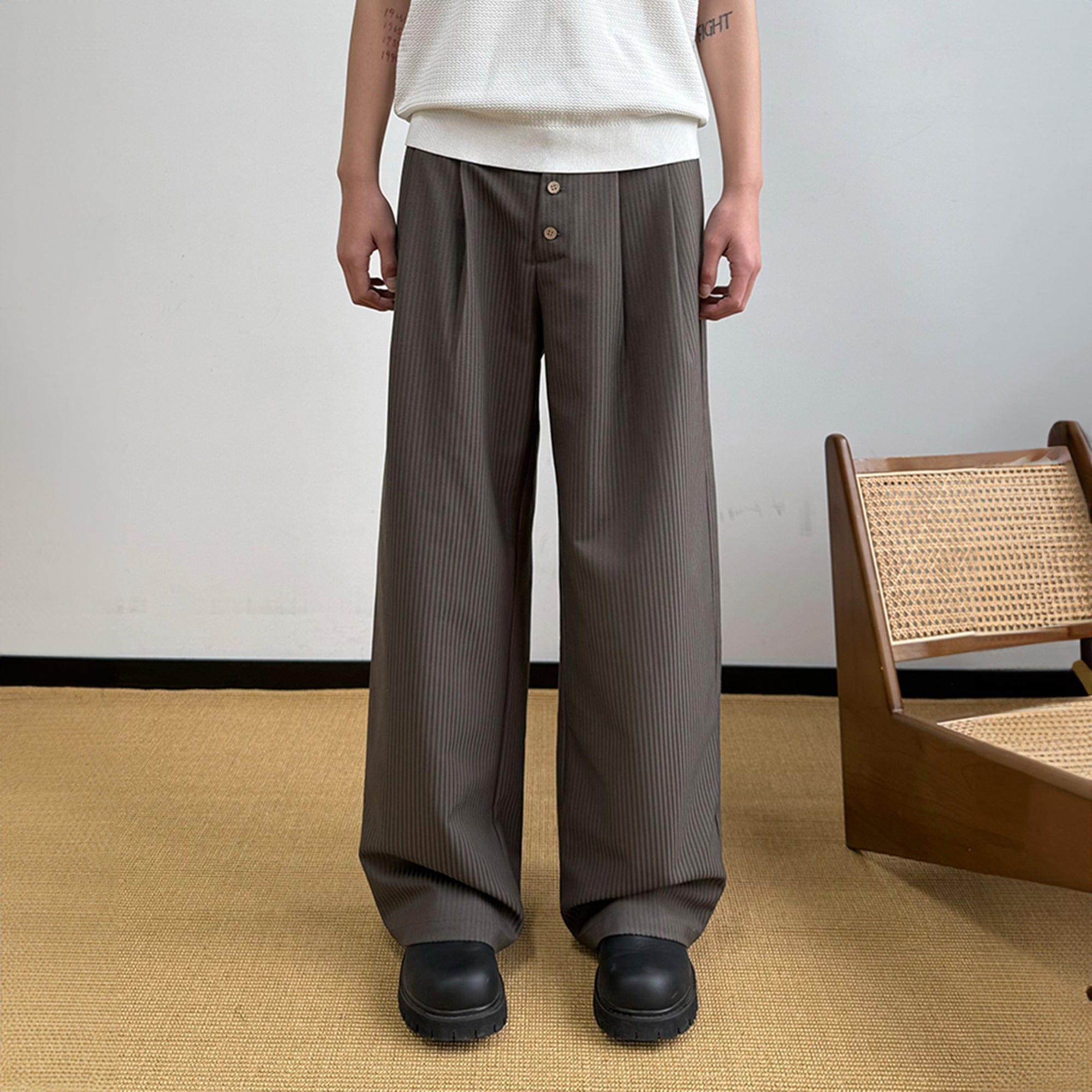 KREATE Pinstriped Pleated Trousers, premium urban and streetwear designers apparel on PROJECTISR.com, KREATE