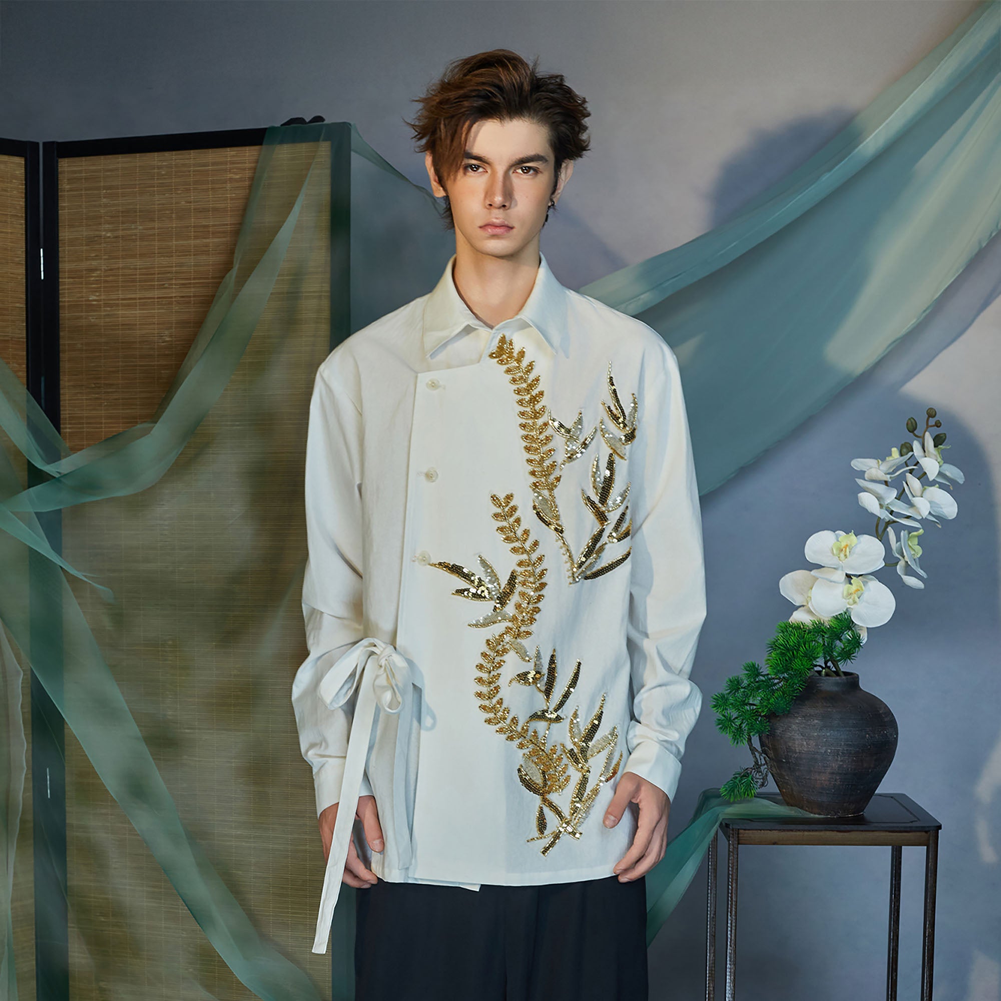 JIECHI Sequin Leaf Embroidered Asymmetrical Wrap Shirt, premium urban and streetwear designers apparel on PROJECTISR.com, JIECHI