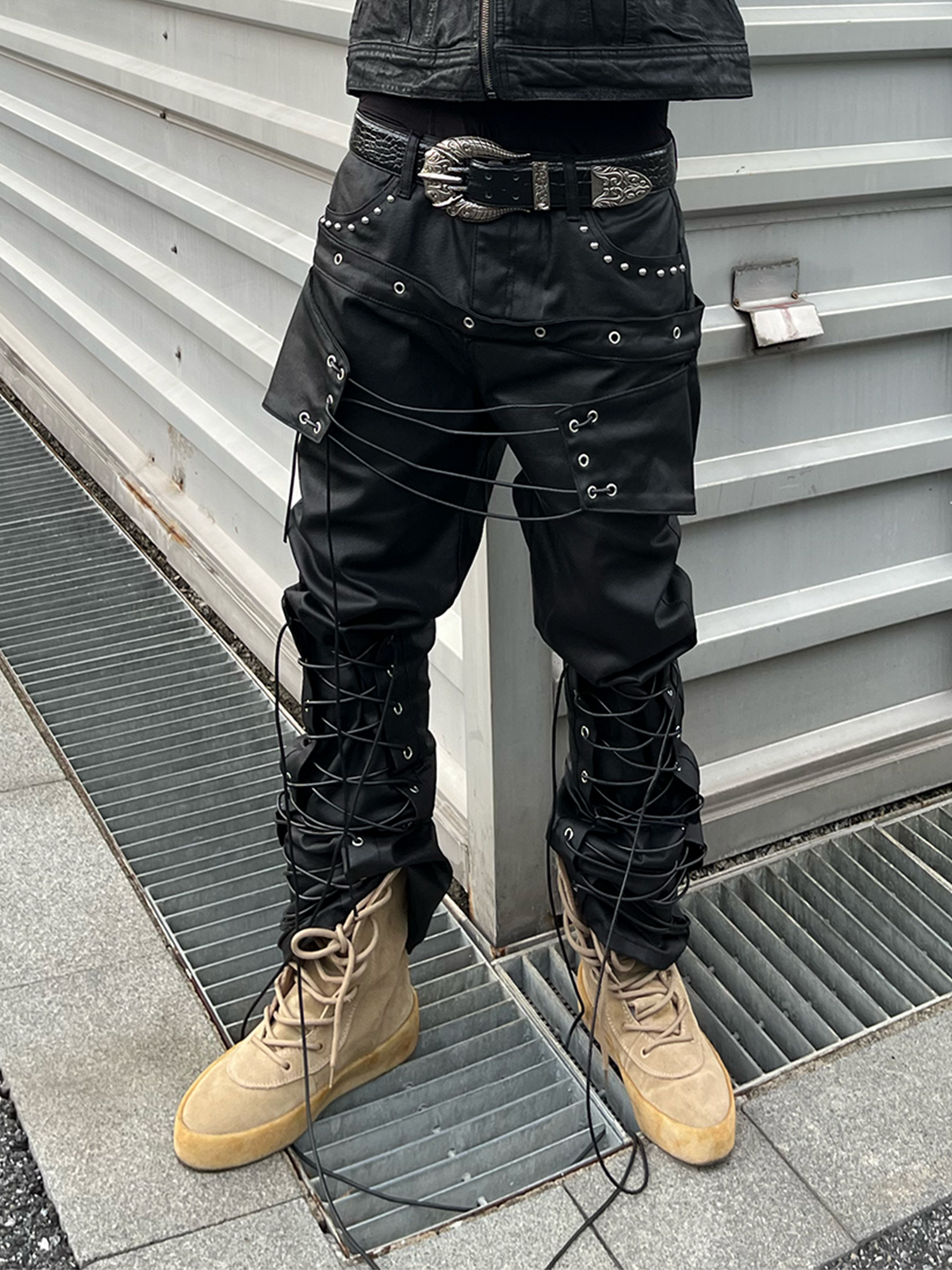 SAXGENWON Double Waist Strap Washed Slim Straight Jeans