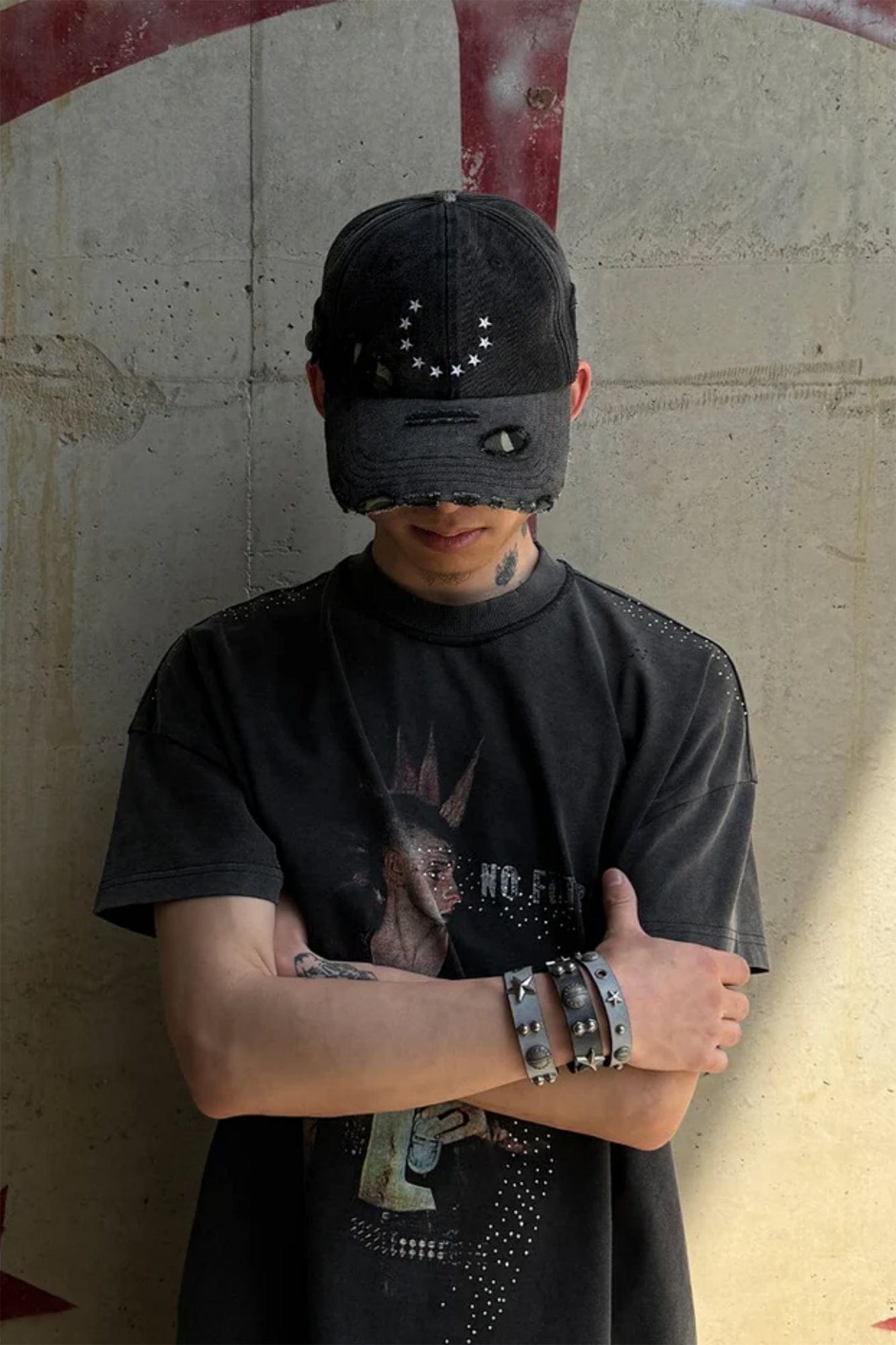 TECNINEGROUP Camo Distressed Panel Star Embroidered Cap, premium urban and streetwear designers apparel on PROJECTISR.com, TECNINEGROUP