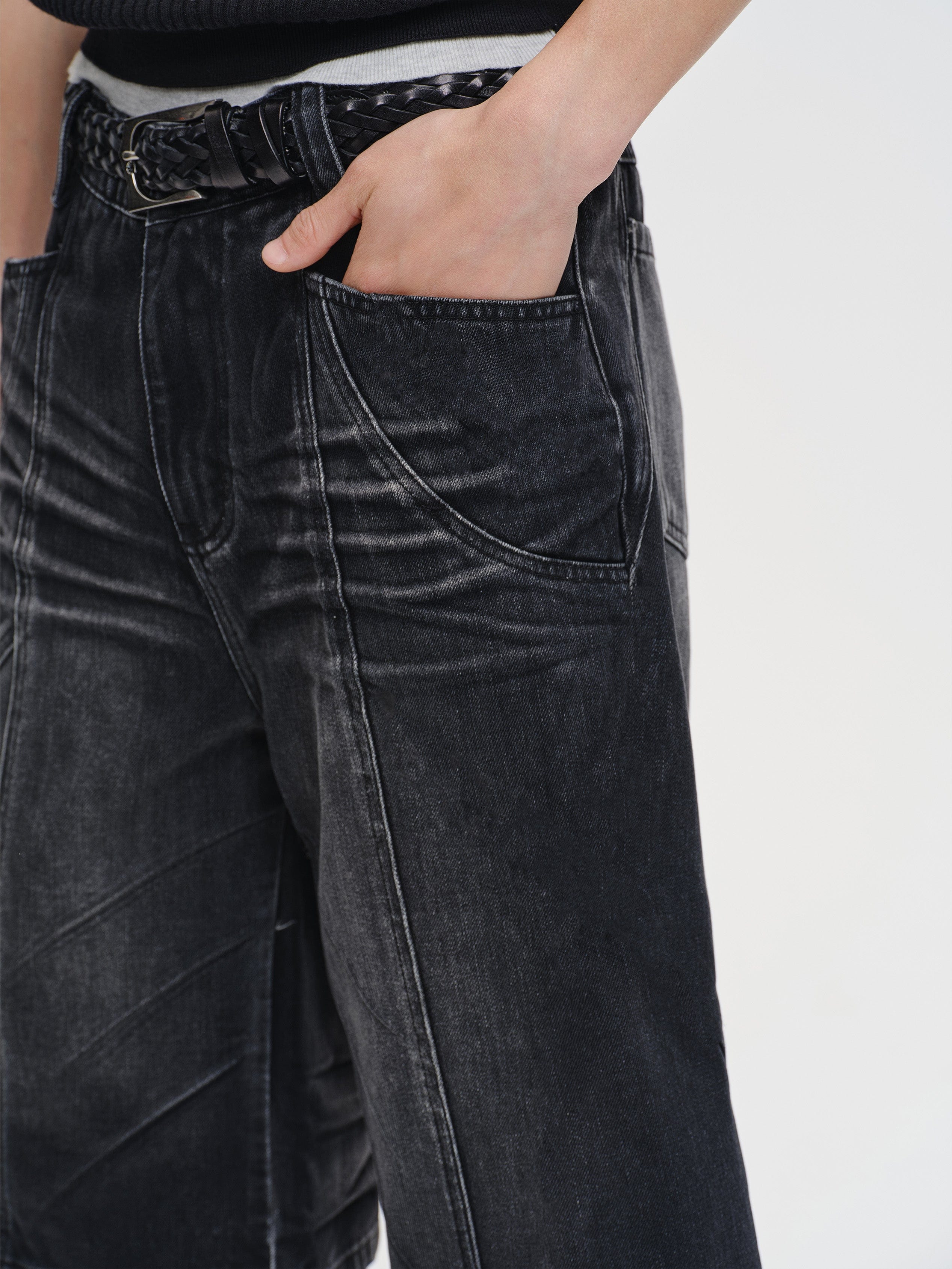 CATSSTAC Whisker-Wash Middle-Spliced Wide-Leg Shorts, premium urban and streetwear designers apparel on PROJECTISR.com, CATSSTAC