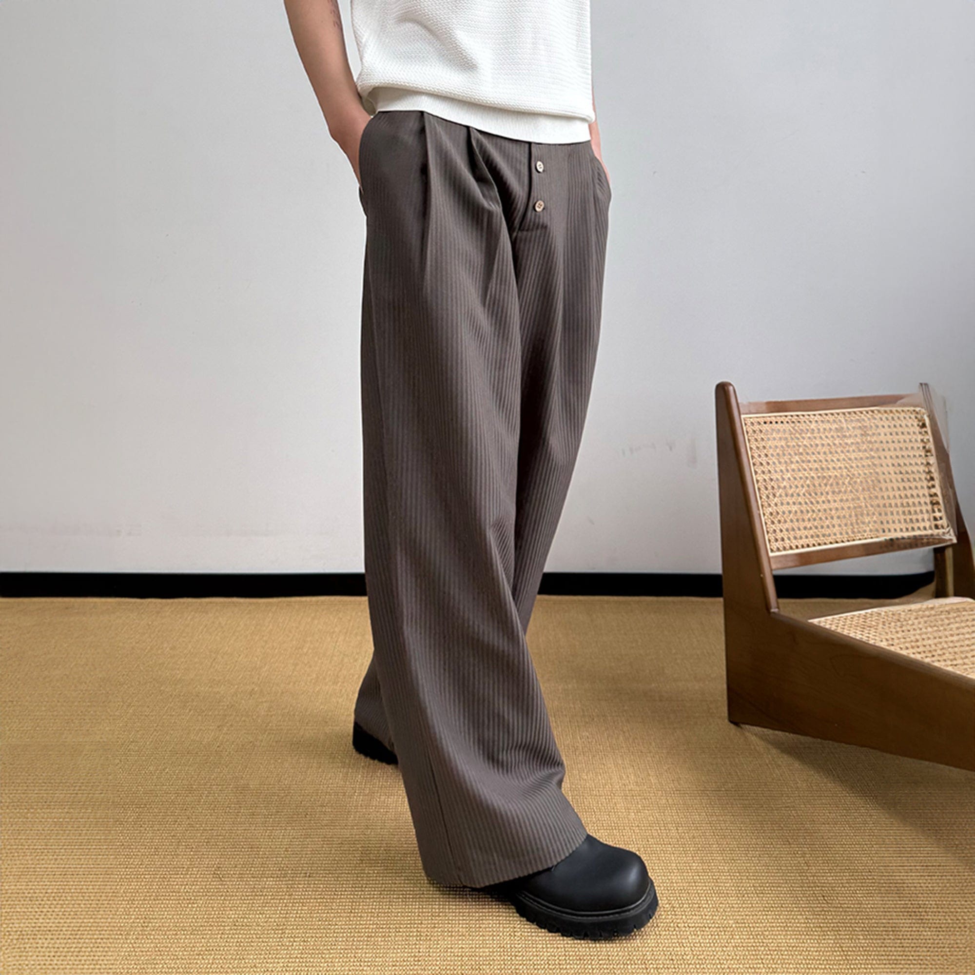 KREATE Pinstriped Pleated Trousers, premium urban and streetwear designers apparel on PROJECTISR.com, KREATE