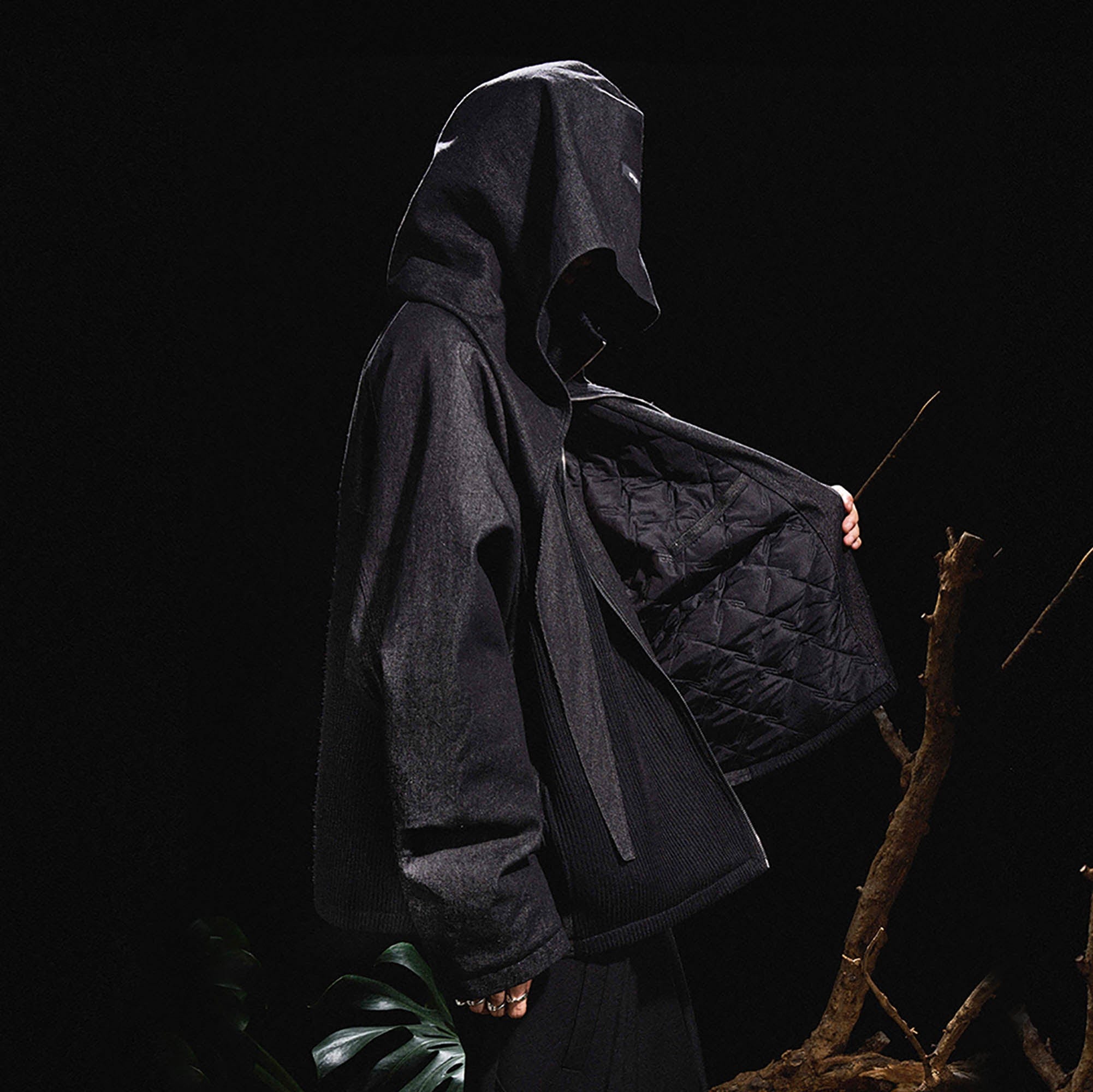RELABEL Mask-Hood Spliced Denim Paneled Jacket, premium urban and streetwear designers apparel on PROJECTISR.com, RELABEL