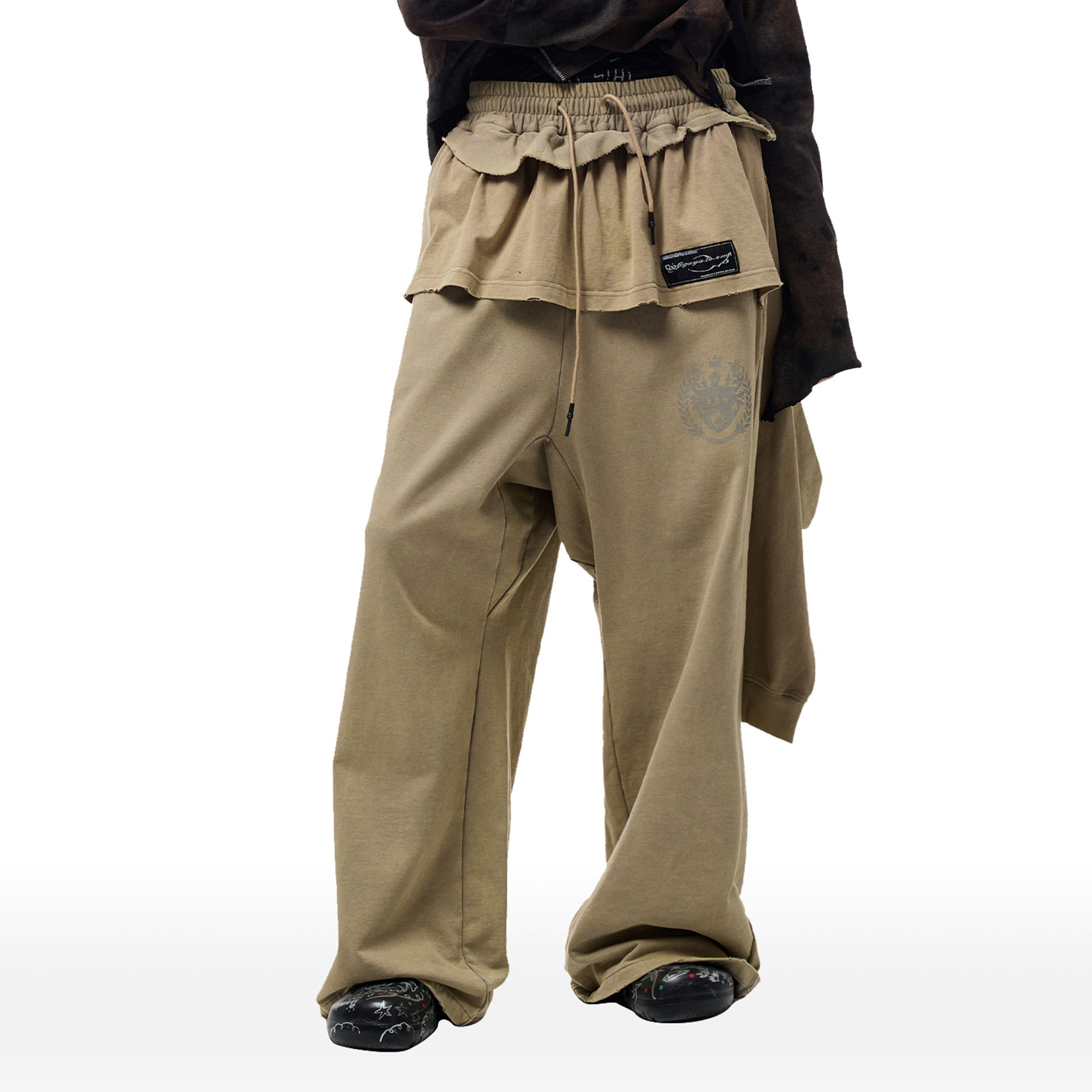 CYCYCY Layered Raw Edge Wide-Leg Sweatpants Khaki