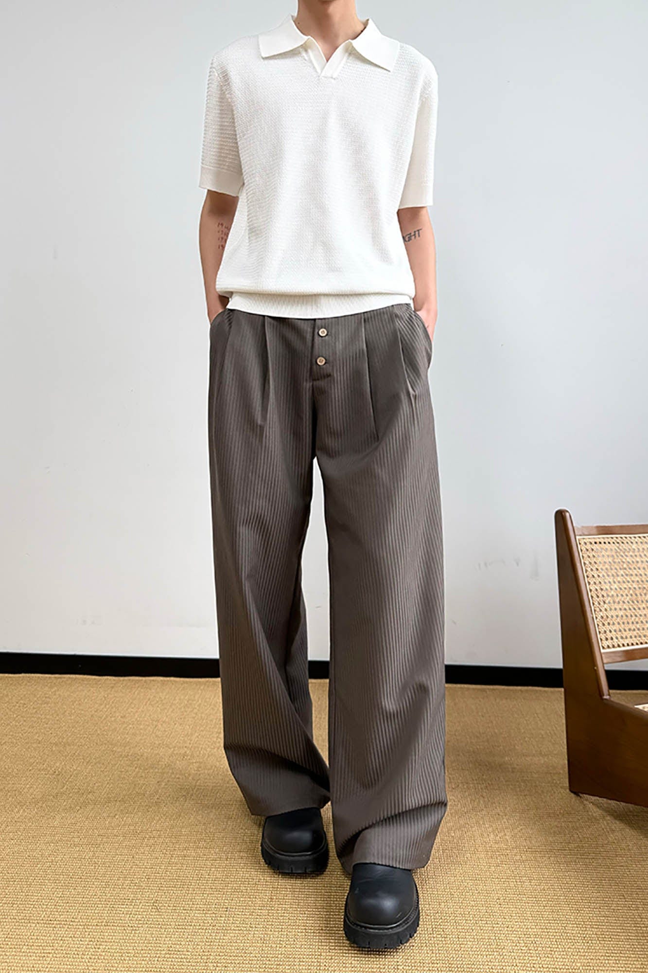 KREATE Pinstriped Pleated Trousers, premium urban and streetwear designers apparel on PROJECTISR.com, KREATE