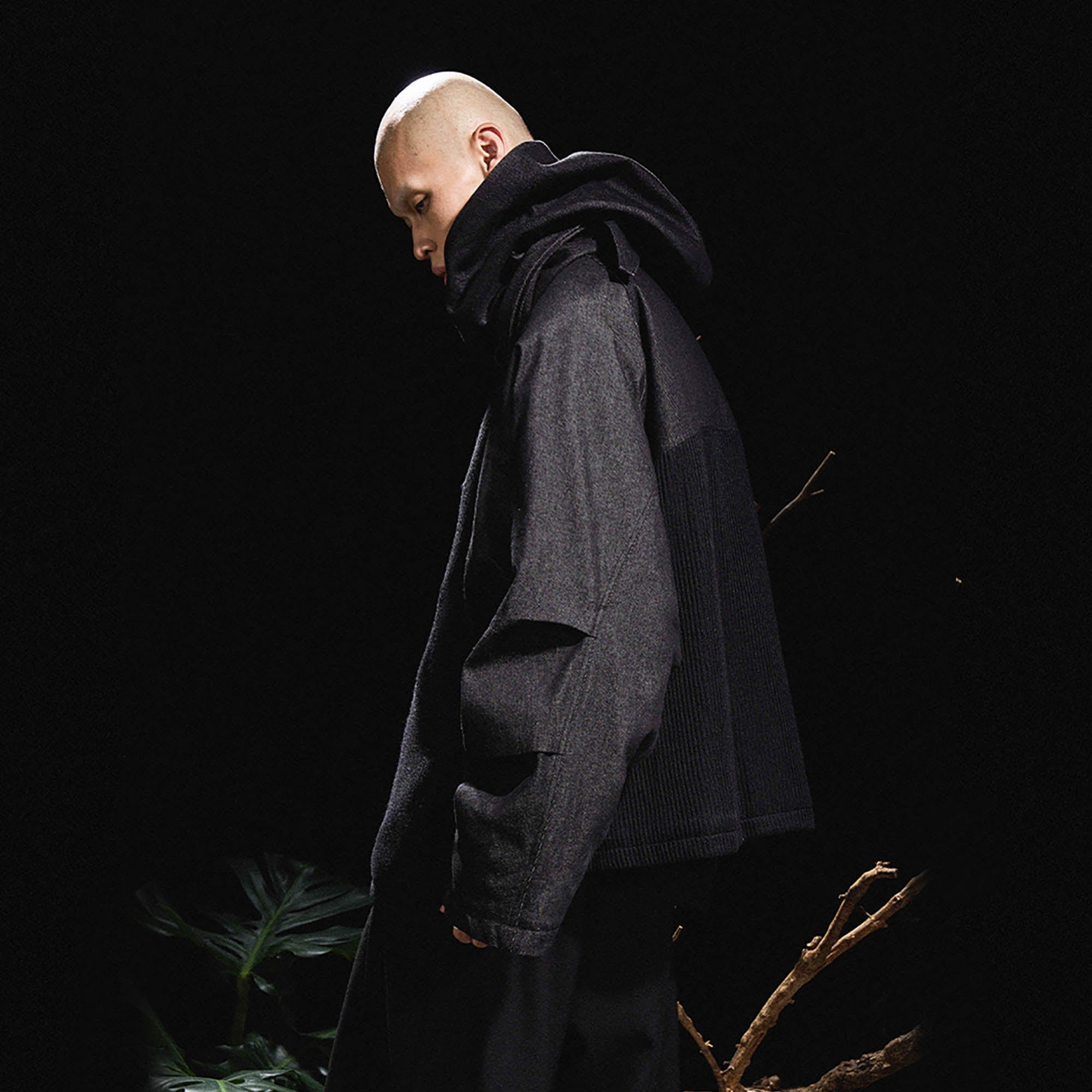 RELABEL Mask-Hood Spliced Denim Paneled Jacket, premium urban and streetwear designers apparel on PROJECTISR.com, RELABEL