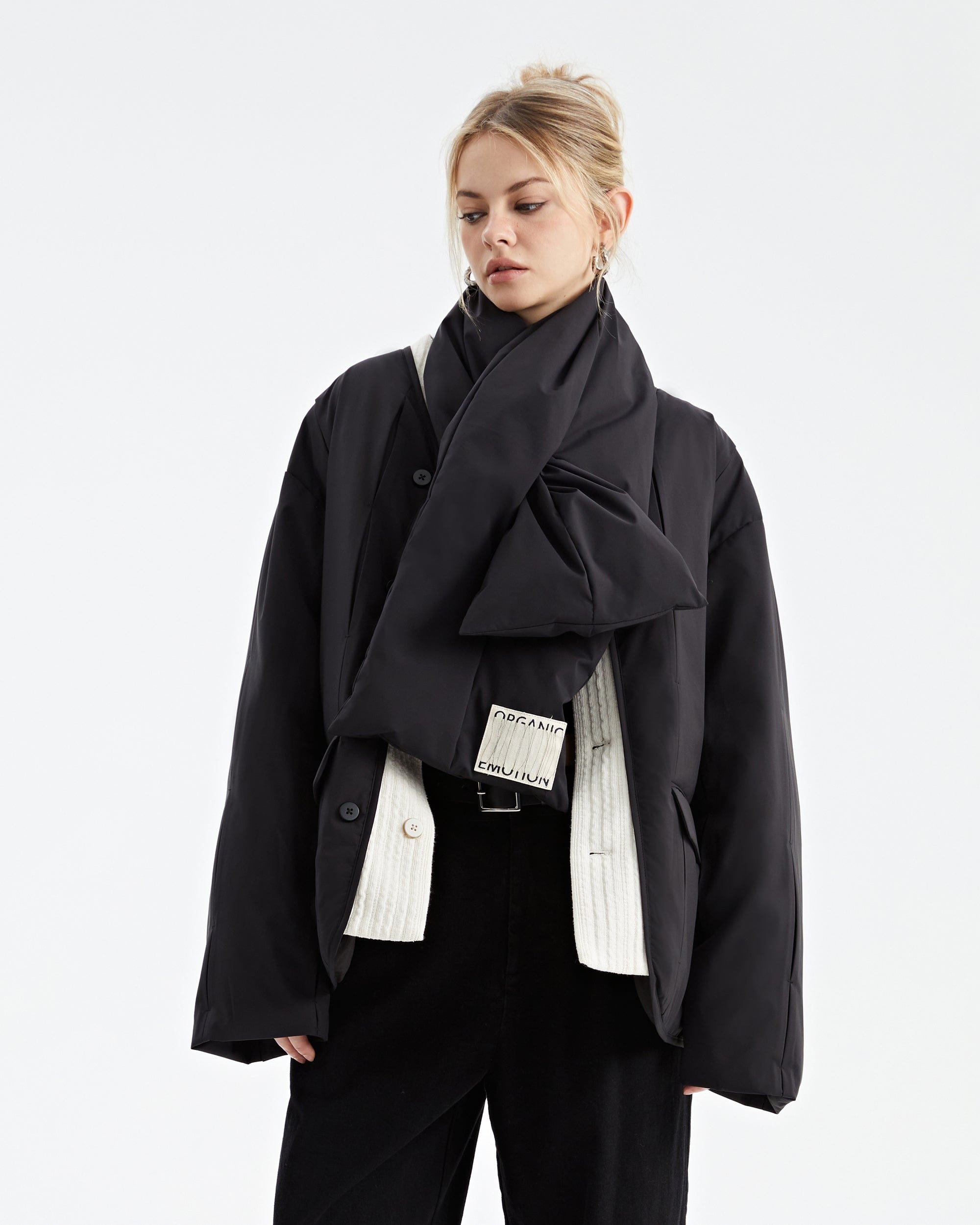 ORGANIC EMOTION Spliced Waterproof Duck Down Scarf Jacket, premium urban and streetwear designers apparel on PROJECTISR.com, ORGANIC EMOTION