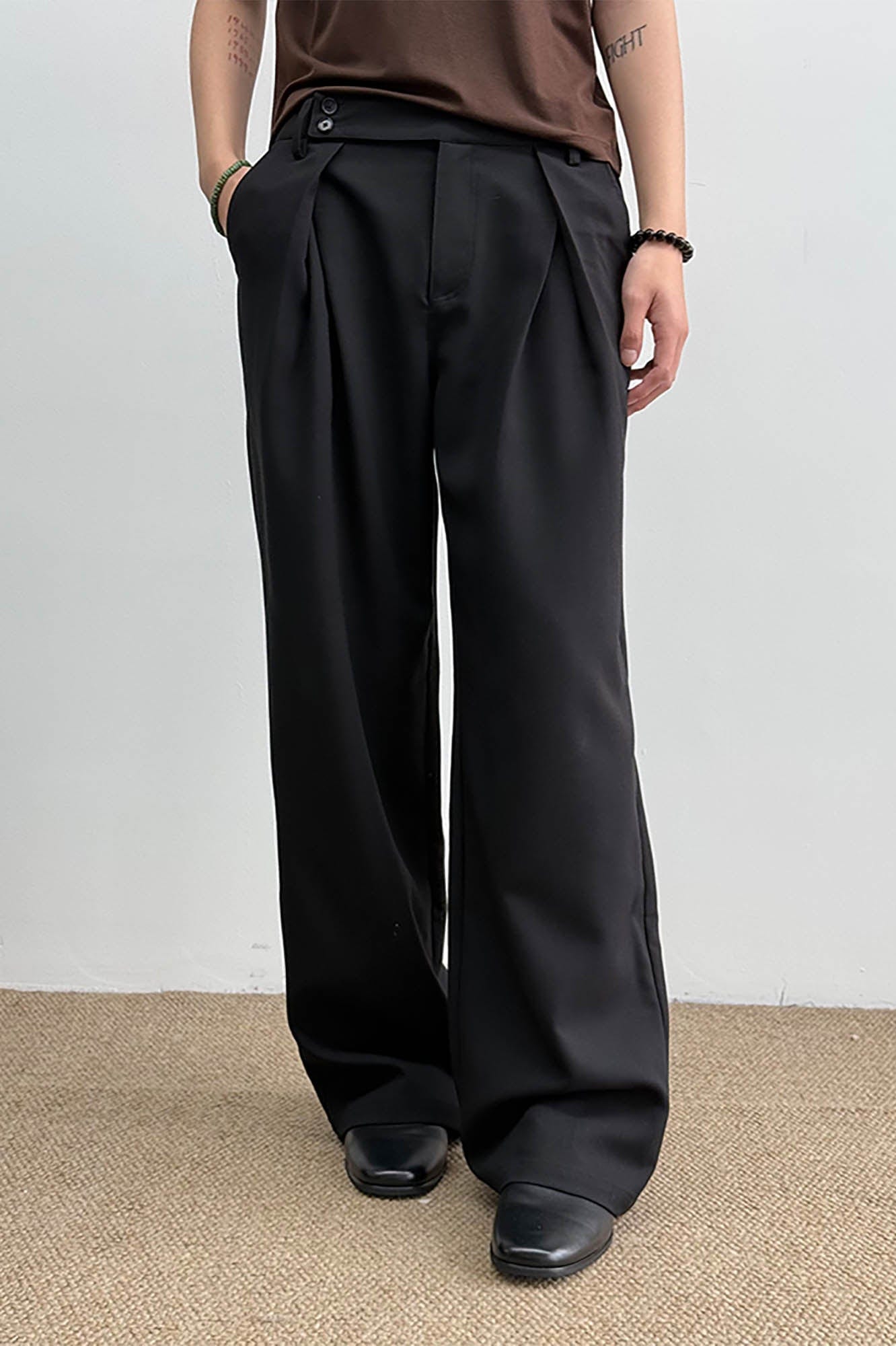 KREATE Inverted Pleats Asymmetric Waist Wide-Leg Trousers, premium urban and streetwear designers apparel on PROJECTISR.com, KREATE